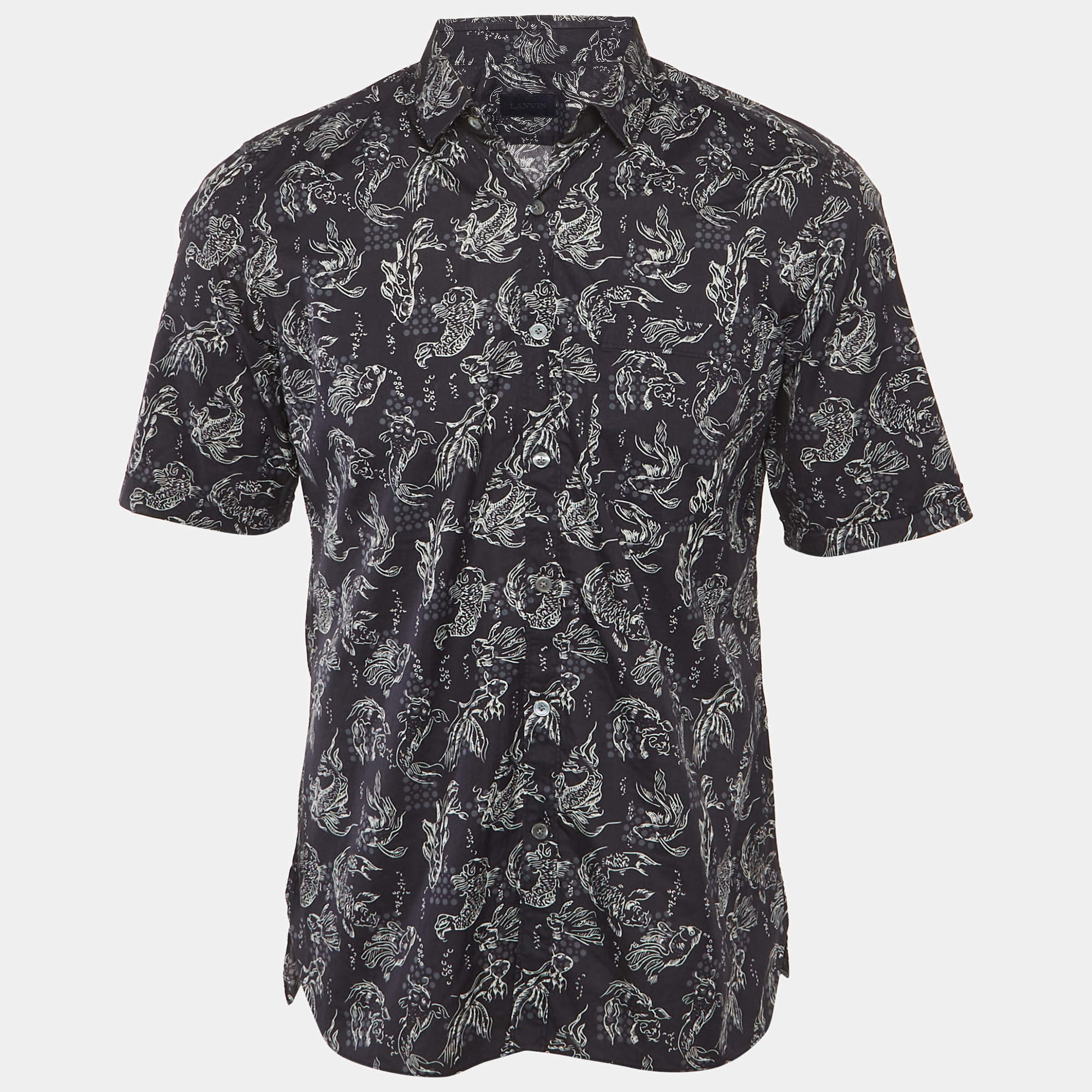 Pre Owned Lanvin Navy Blue Koi-print Cotton Short Sleeve Shirt L