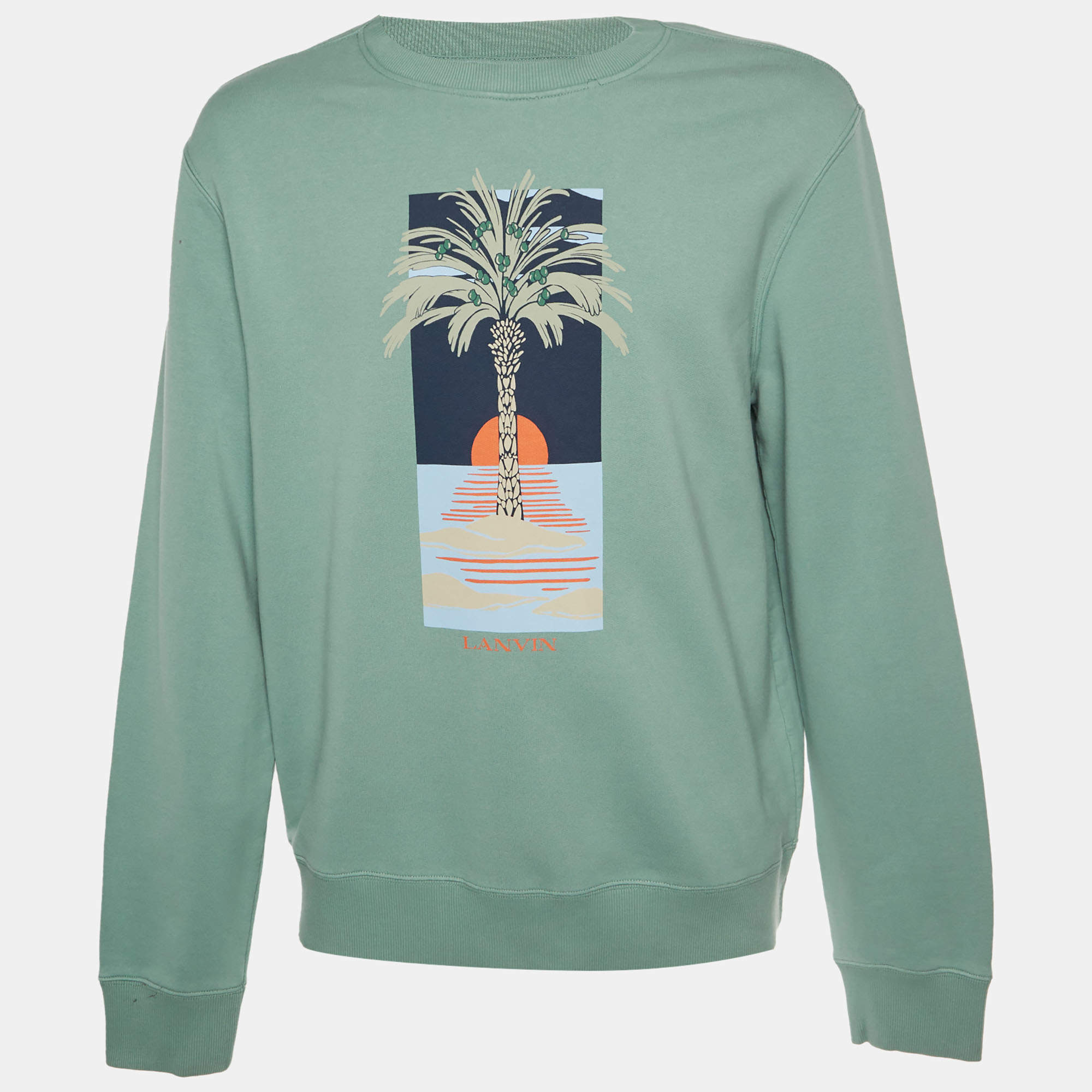 Pre Owned Lanvin Sage Green Printed Cotton Knit Crewneck Sweatshirt XL