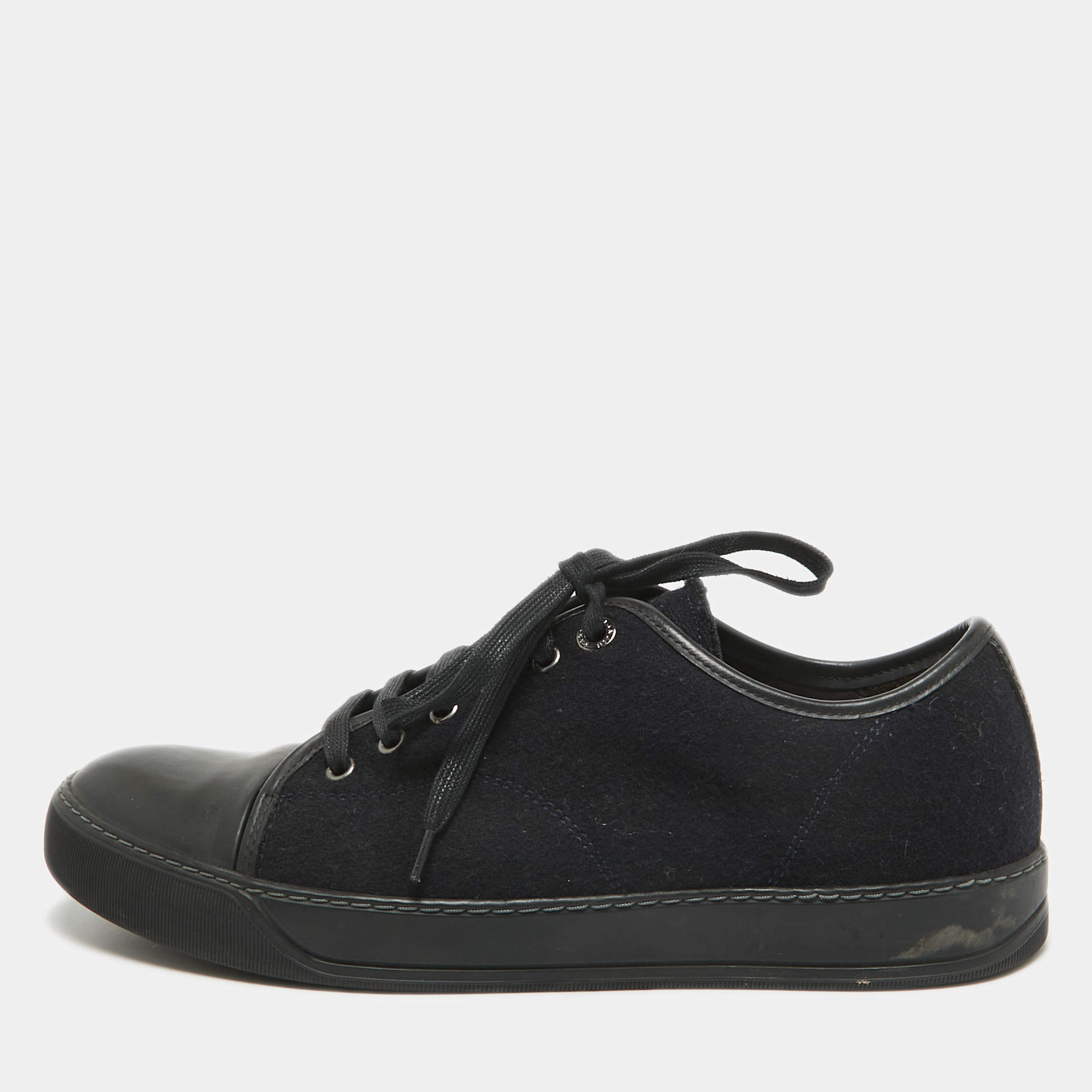 Lanvin Black Leather and Tweed Lace Up Sneakers 41