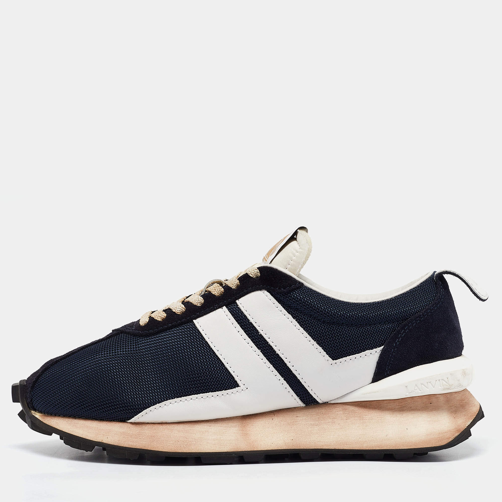 Lanvin Navy Blue Leather and Mesh Bumper Low Top Sneakers Size 43