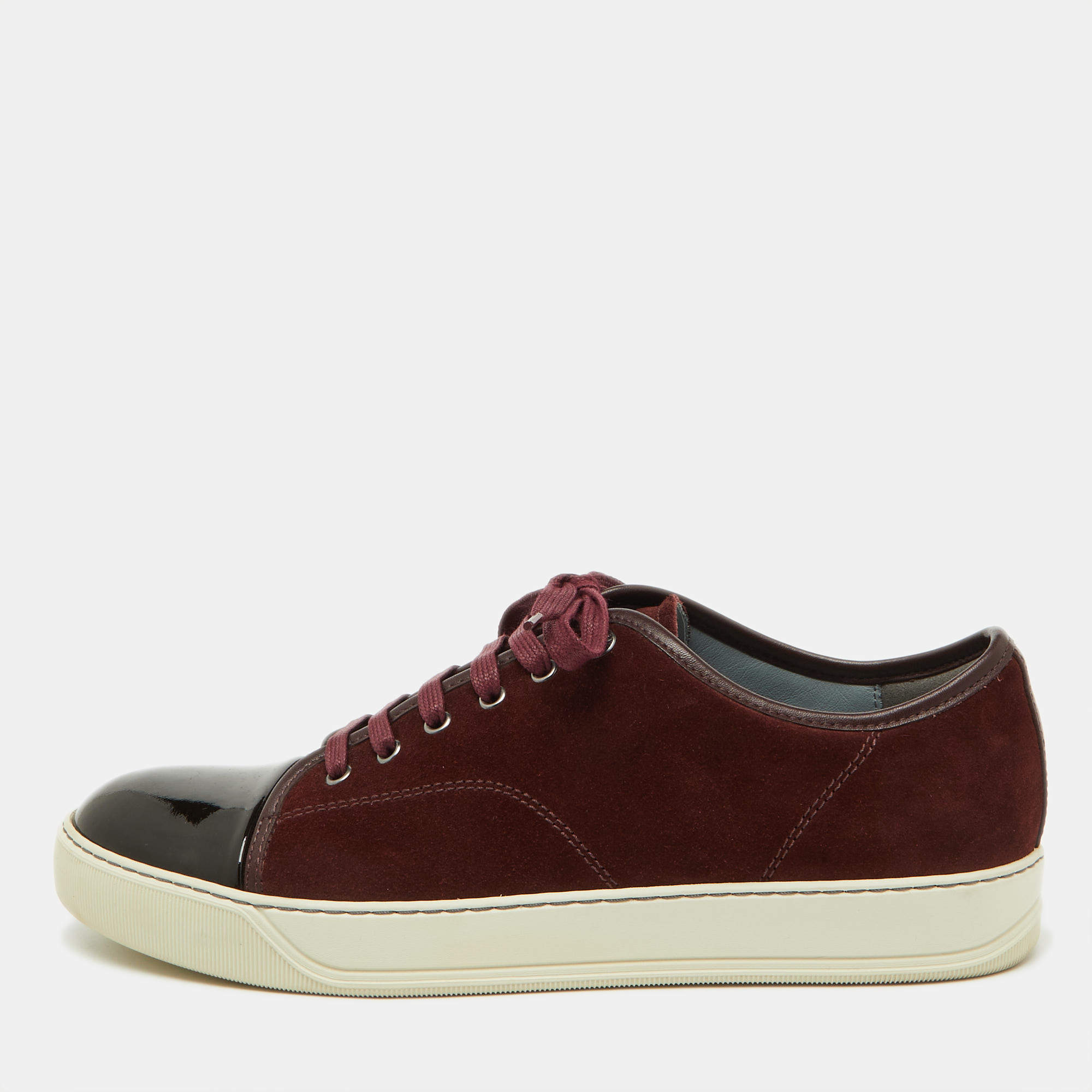 Pre Owned Lanvin Burgundy/Dark Brown Suede and Patent Leather DDB1 Low Top Sneakers Size 42