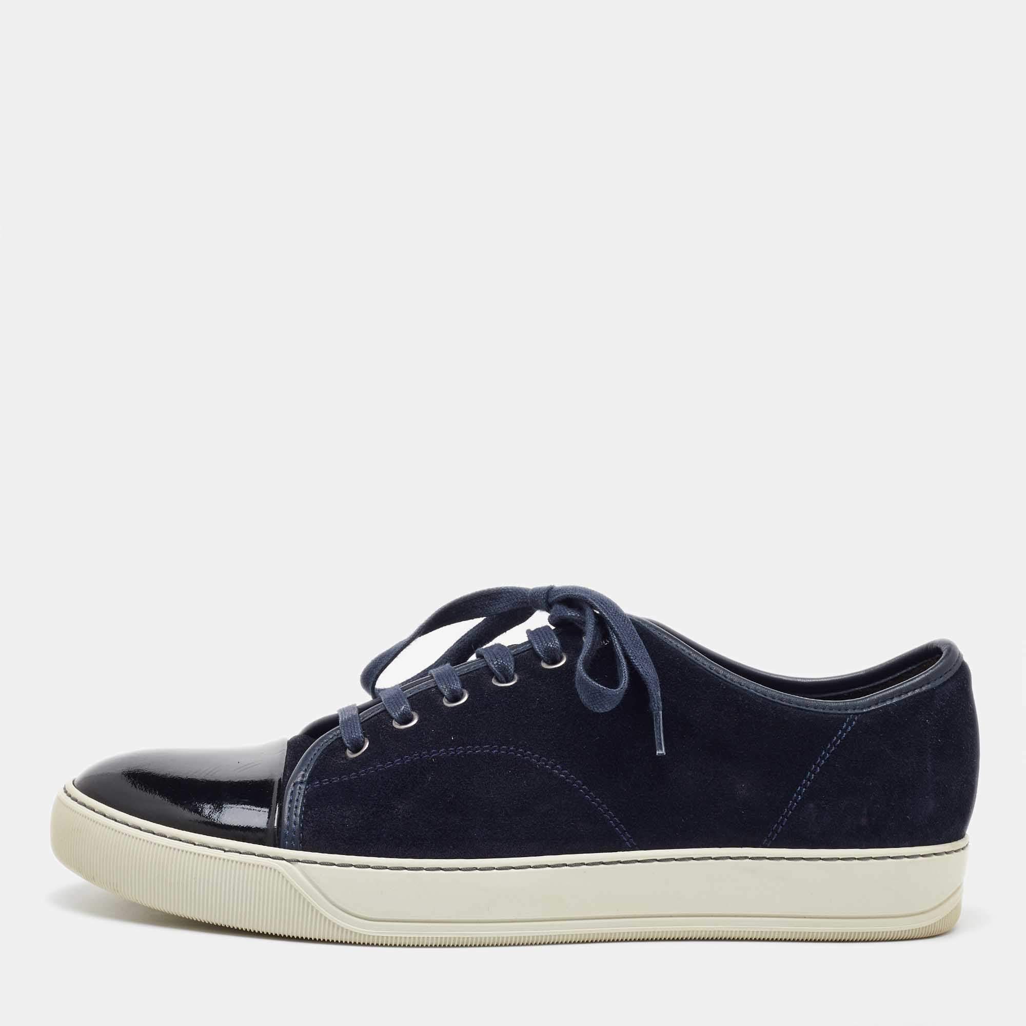 Pre Owned Lanvin Navy Blue/Black Suede and Patent Leather Low Top Sneakers Size 44
