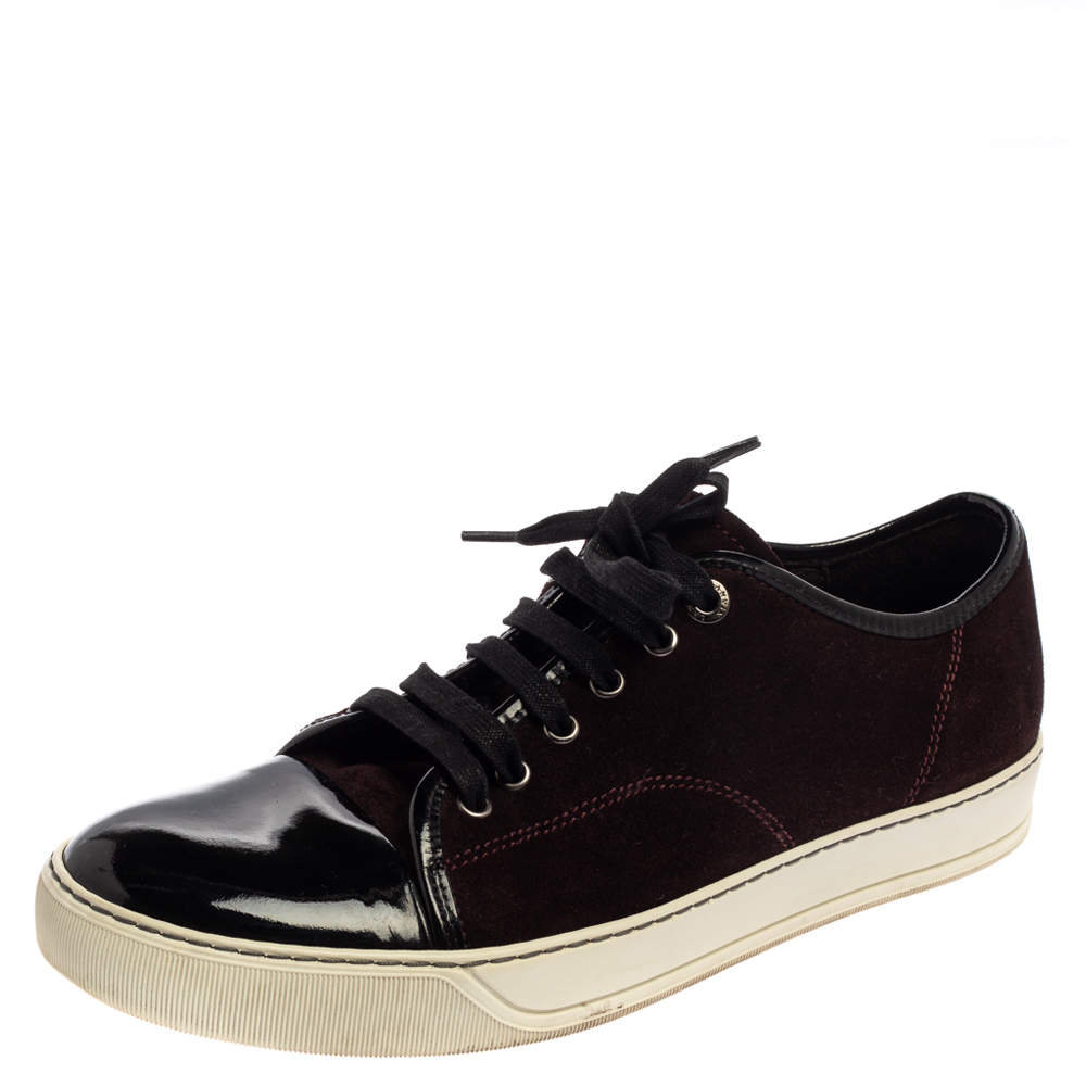 Lanvin Burgundy/Black Suede and Patent Leather Low Top Sneakers Size 42