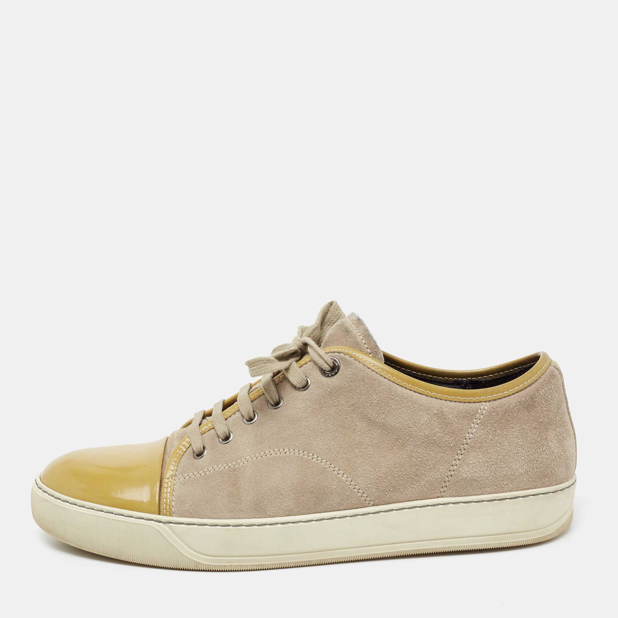 Lanvin Olive Green/Grey Suede and Patent Leather Lace Up Sneakers Size 44