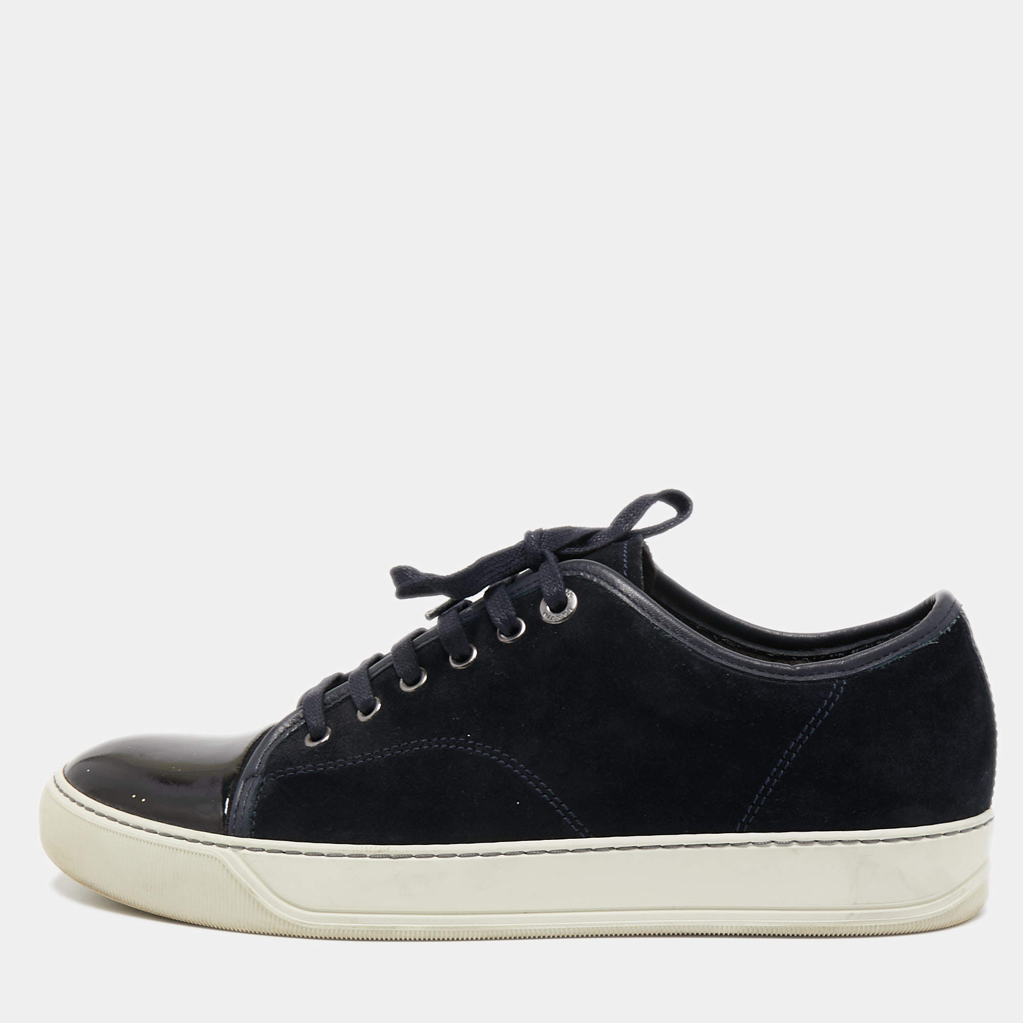 Pre Owned Lanvin Black/Navy Blue Suede and Patent Low Top Sneakers Size 41