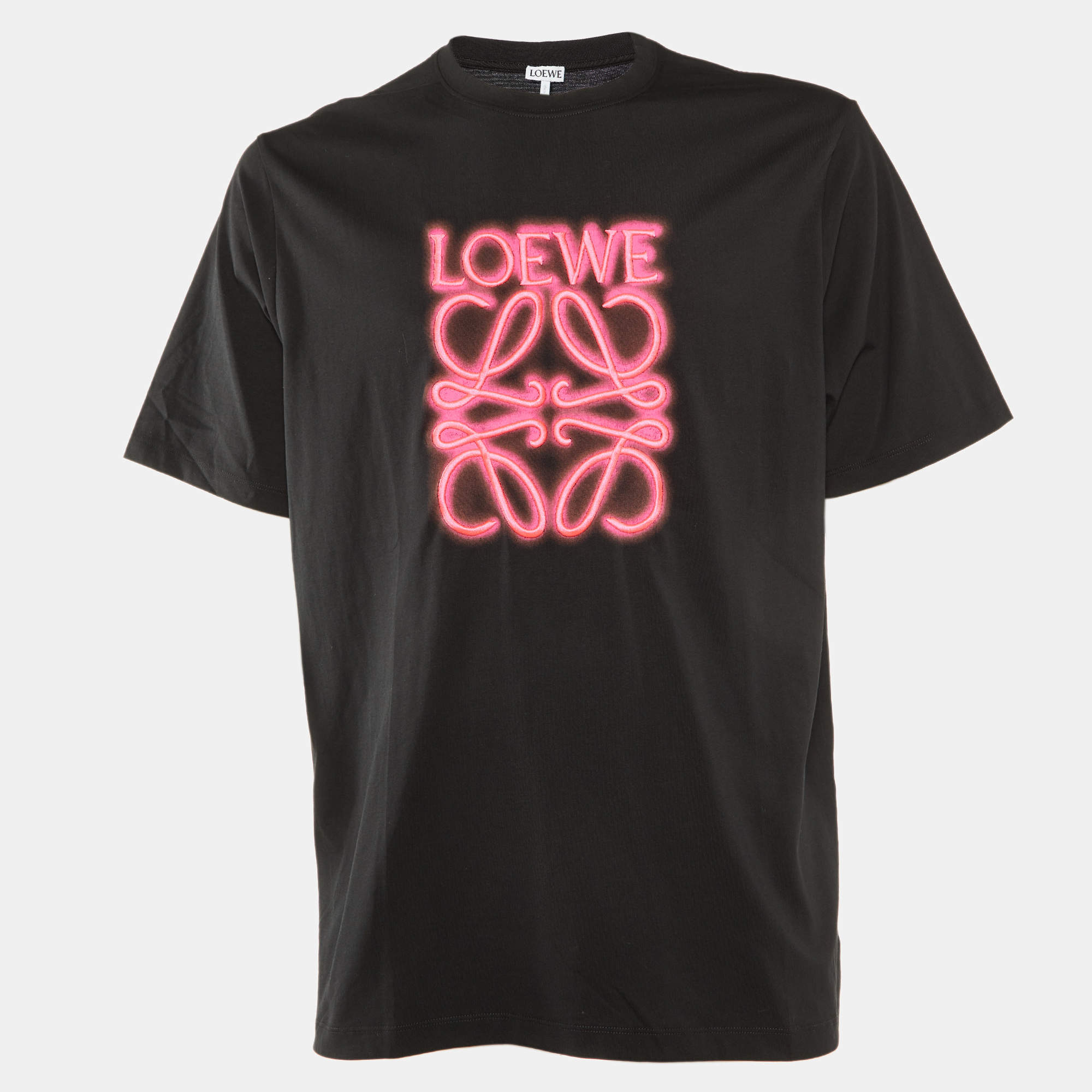 مملوكة مسبقًا Loewe Black Neon Anagram Embroidered Cotton Crew Neck T-Shirt L