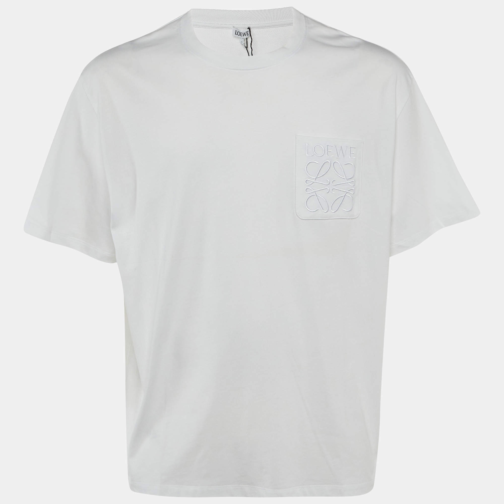 Pre Owned Loewe White Anagram Embroidered Pocket Cotton T-Shirt L