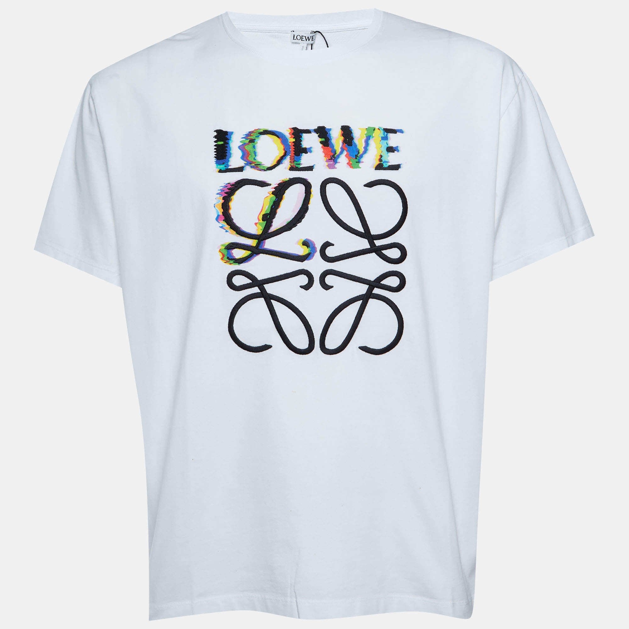 Pre Owned Loewe White Glitch Anagram Cotton Crew Neck T-Shirt XXL