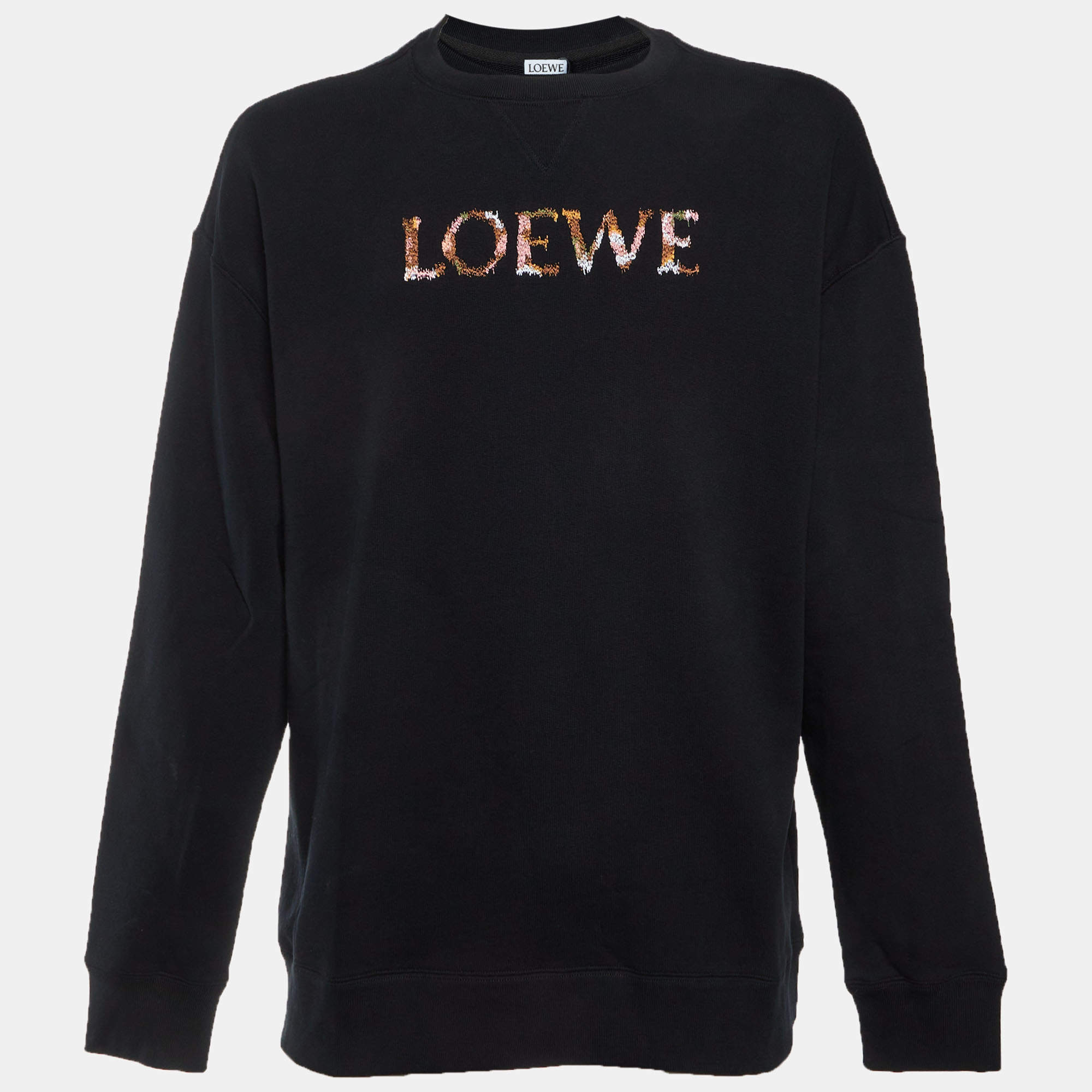 Pre Owned Loewe Black Logo Embroidered Cotton Crew Neck Sweatshirt M 