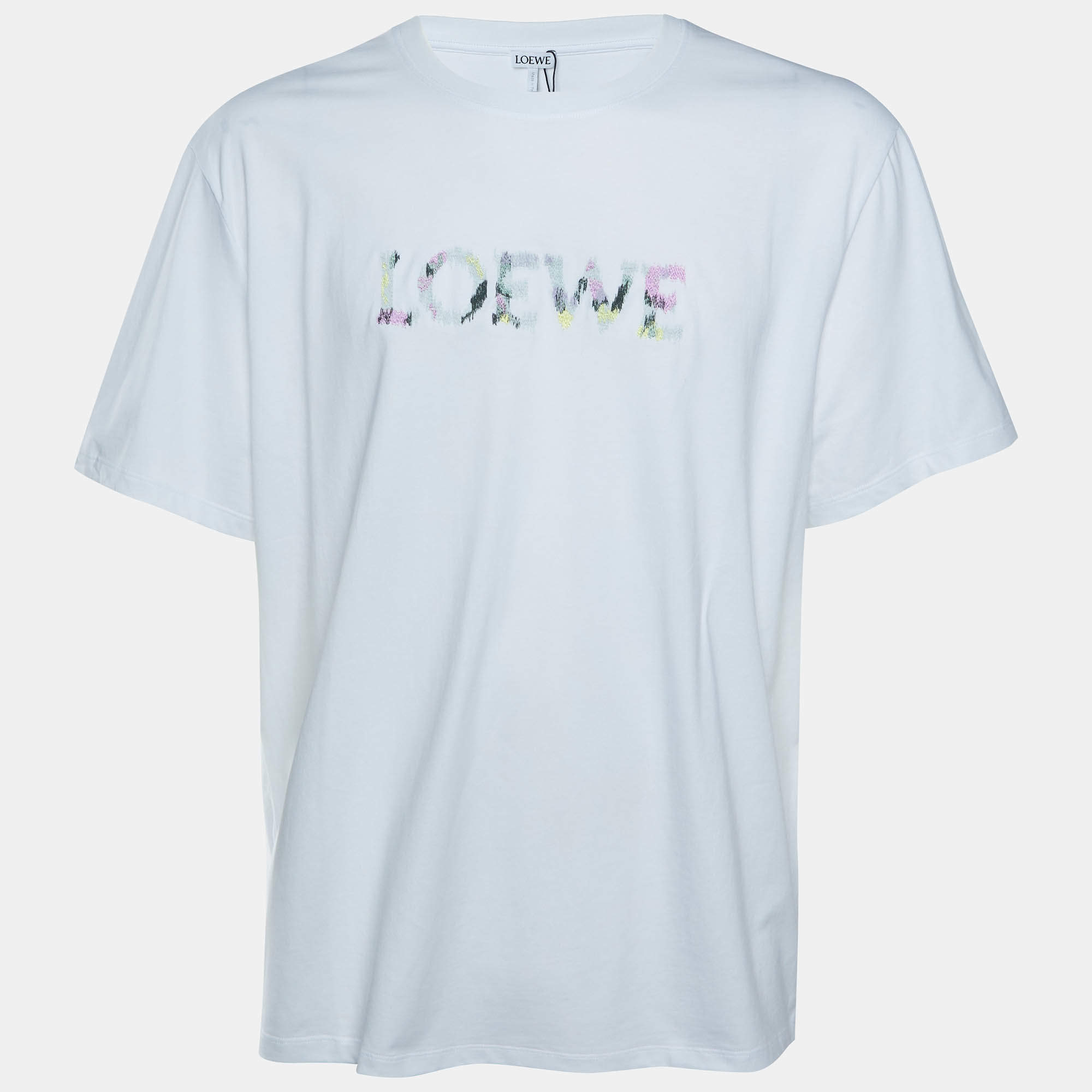 Pre Owned Loewe White Logo Embroidered Cotton Relaxed Fit T-Shirt XS