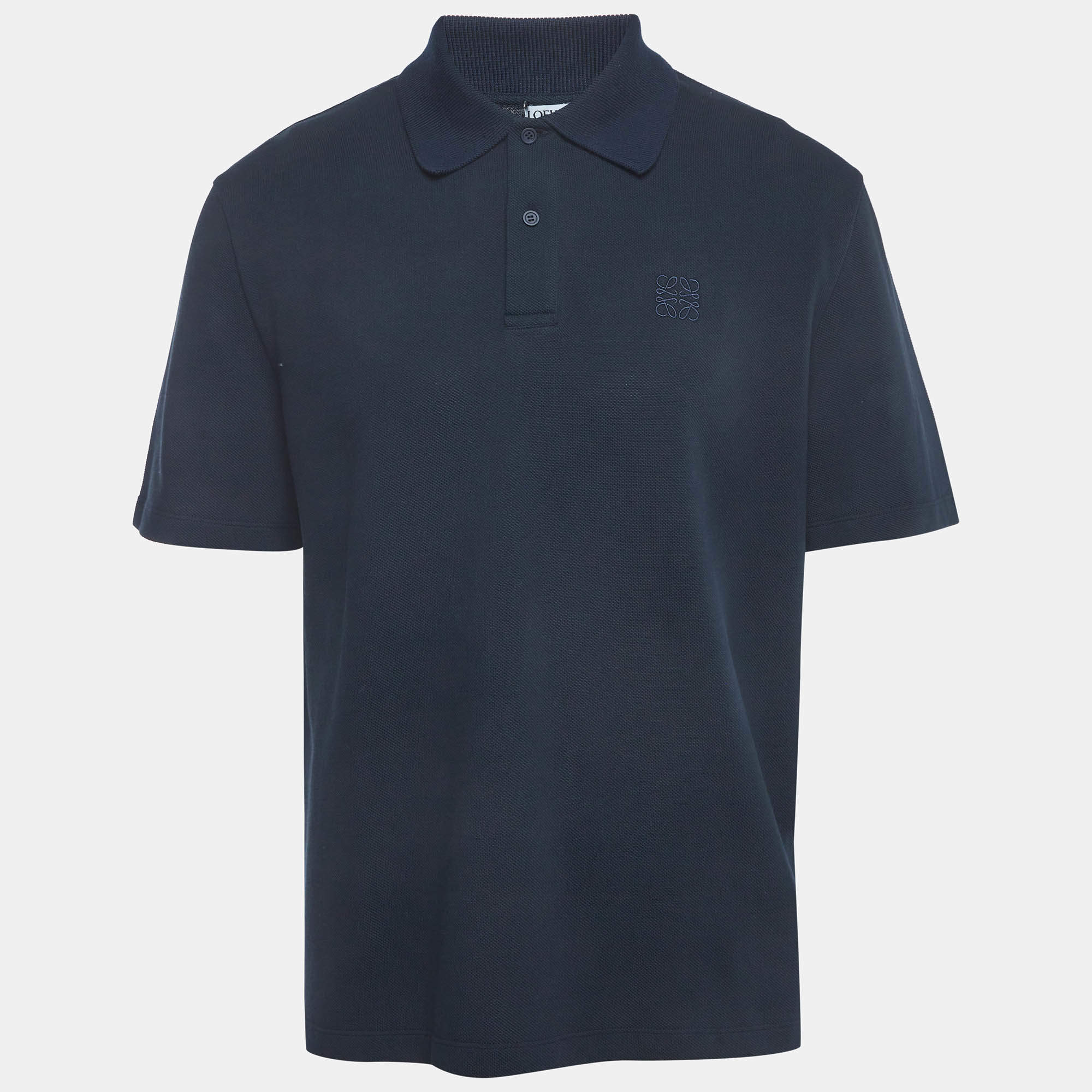 Pre Owned Loewe Navy Blue Anagram Embroidered Piqué Knit Polo T-Shirt XL