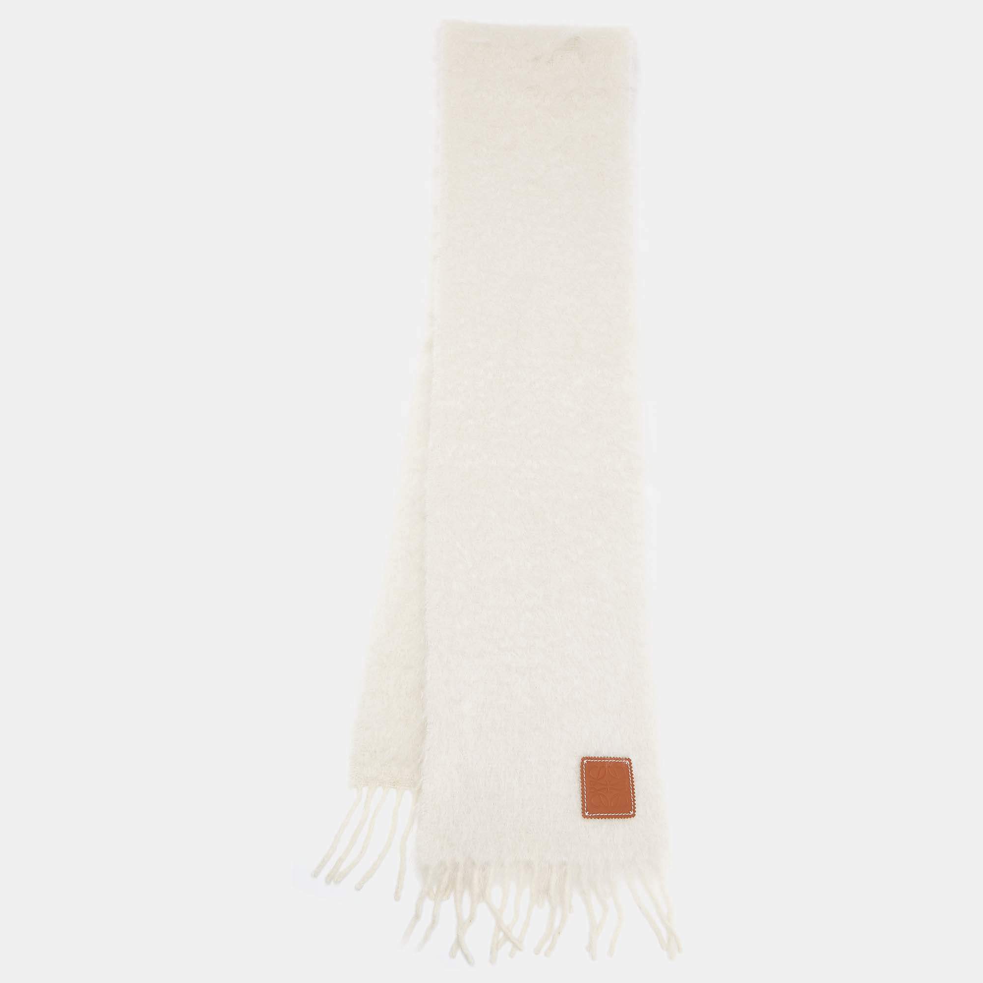 Loewe Ivory Mohair Wool Blend Fringed Scarf 