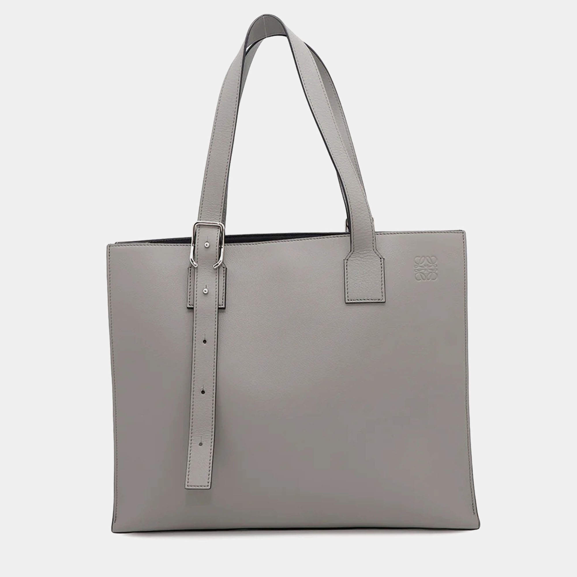Loewe Asphalt Gray Calf Leather Buckle Horizontal Tote Bag 