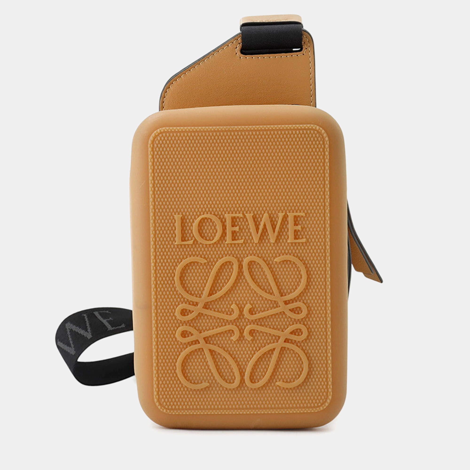 Pre Owned Loewe Anagram Molded Sling Camel Rubber Leather Sling Bag