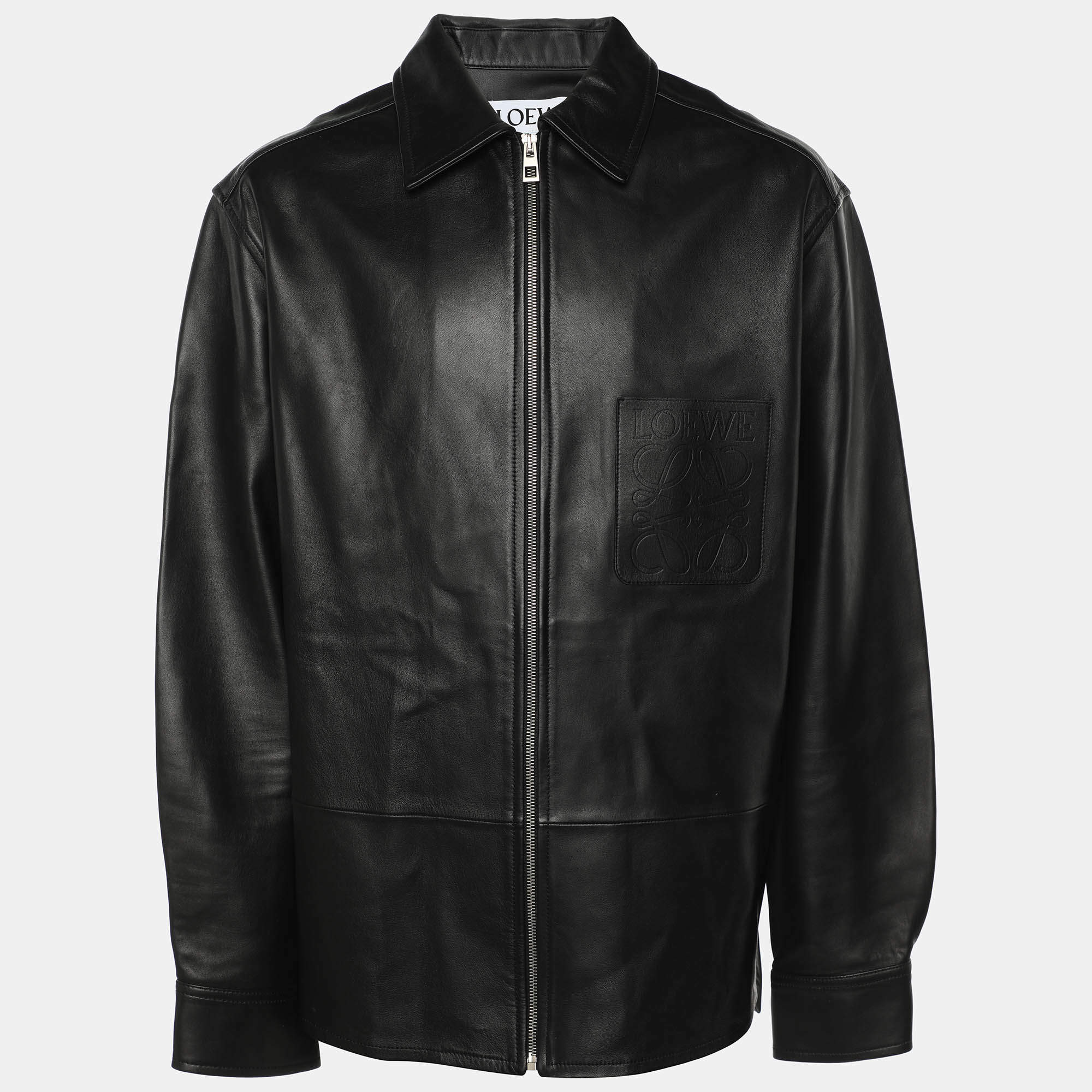 Loewe Black Leather Logo Embossed Zip Jacket M