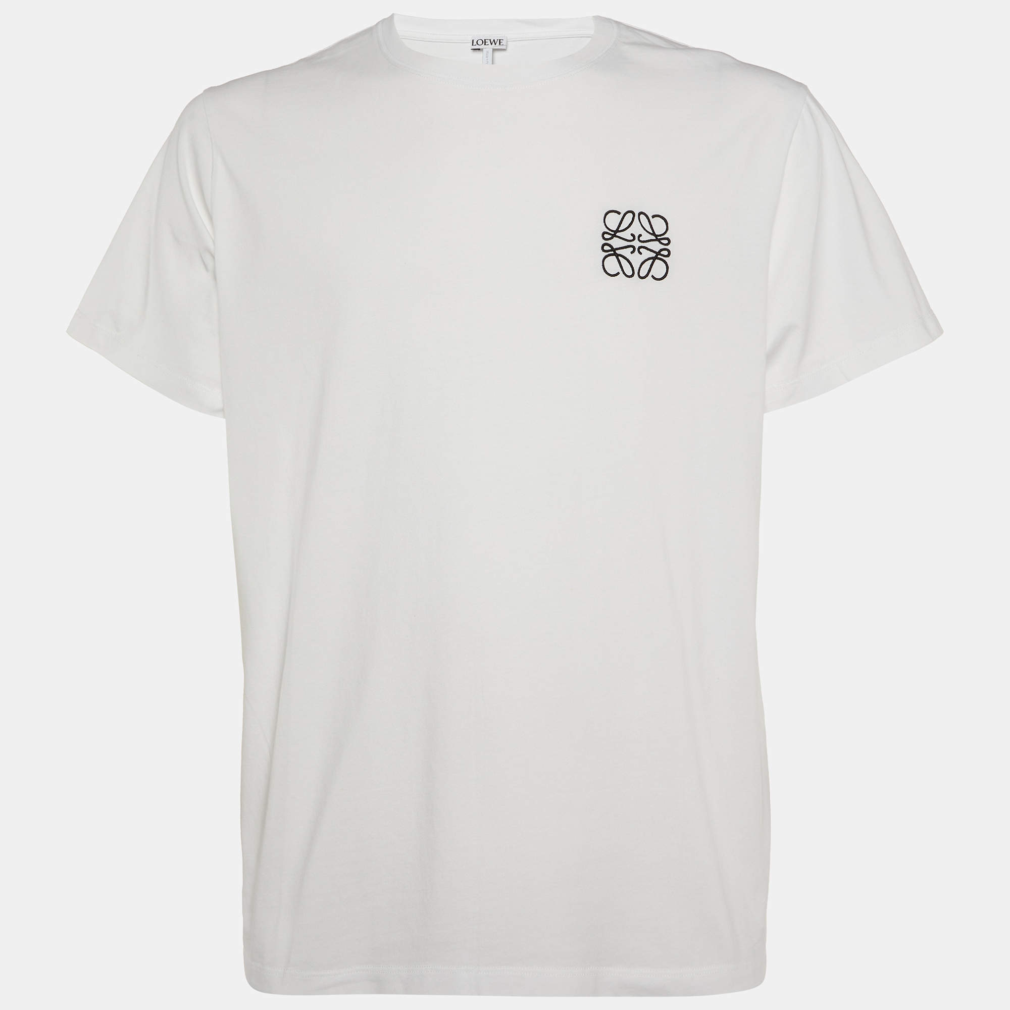 Pre Owned Loewe White Anagram Embroidery Cotton Crew Neck T-Shirt XL