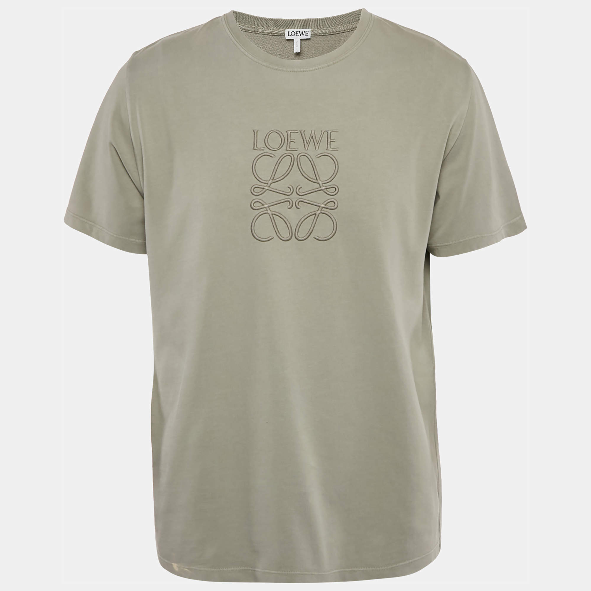 Pre Owned Loewe Grey Anagram Embroidered Jersey Crew Neck T-Shirt M