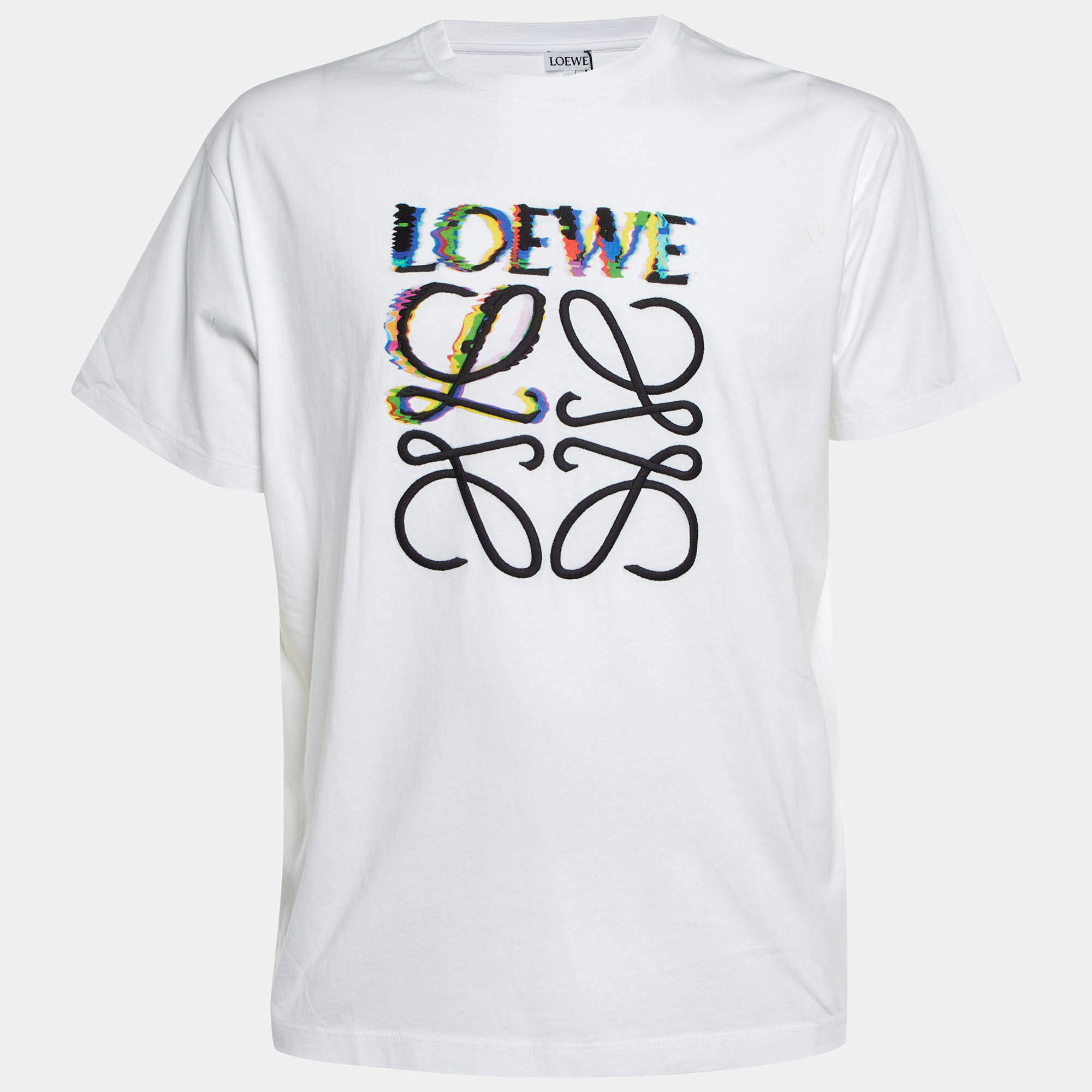 Pre Owned Loewe White Glitch Anagram Cotton Crew Neck T-Shirt L