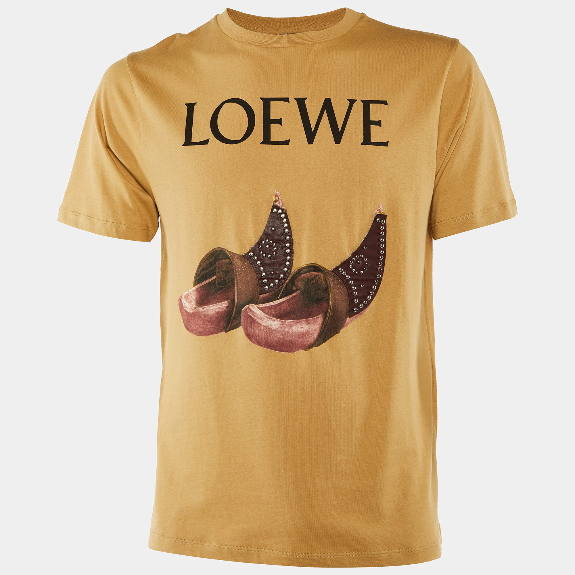 Pre Owned Loewe Light Brown Printed Cotton Knit Studded Detail T-Shirt S