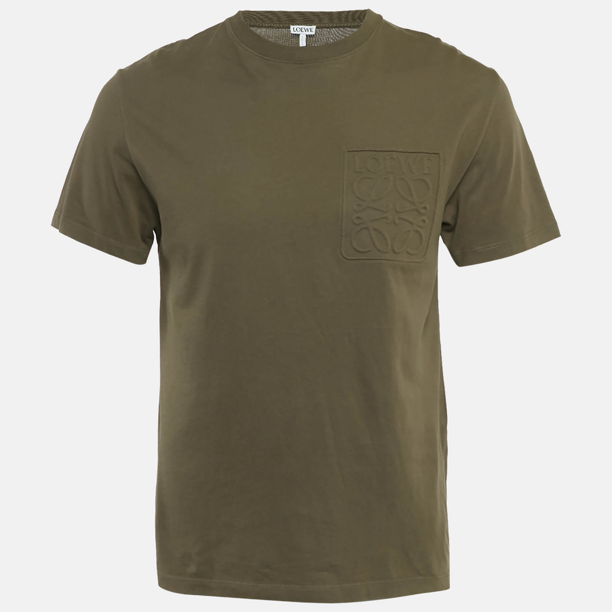 مملوكة مسبقًا Loewe Olive Green Cotton Knit Logo Embossed Detail T-Shirt XS
