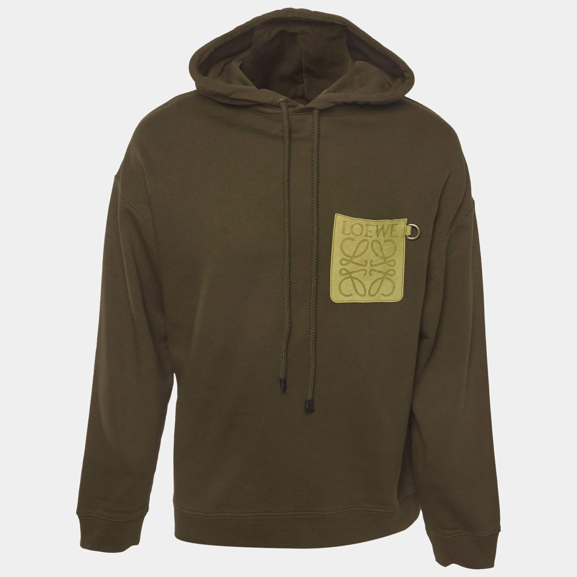 Pre Owned Loewe Olive Green Anagram Leather Trim Cotton Hoodie M