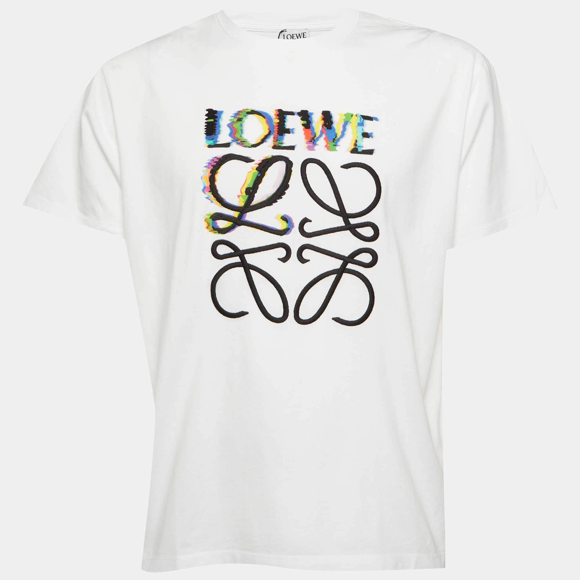 Pre Owned Loewe White Glitch Anagram Cotton Crew Neck T-Shirt L