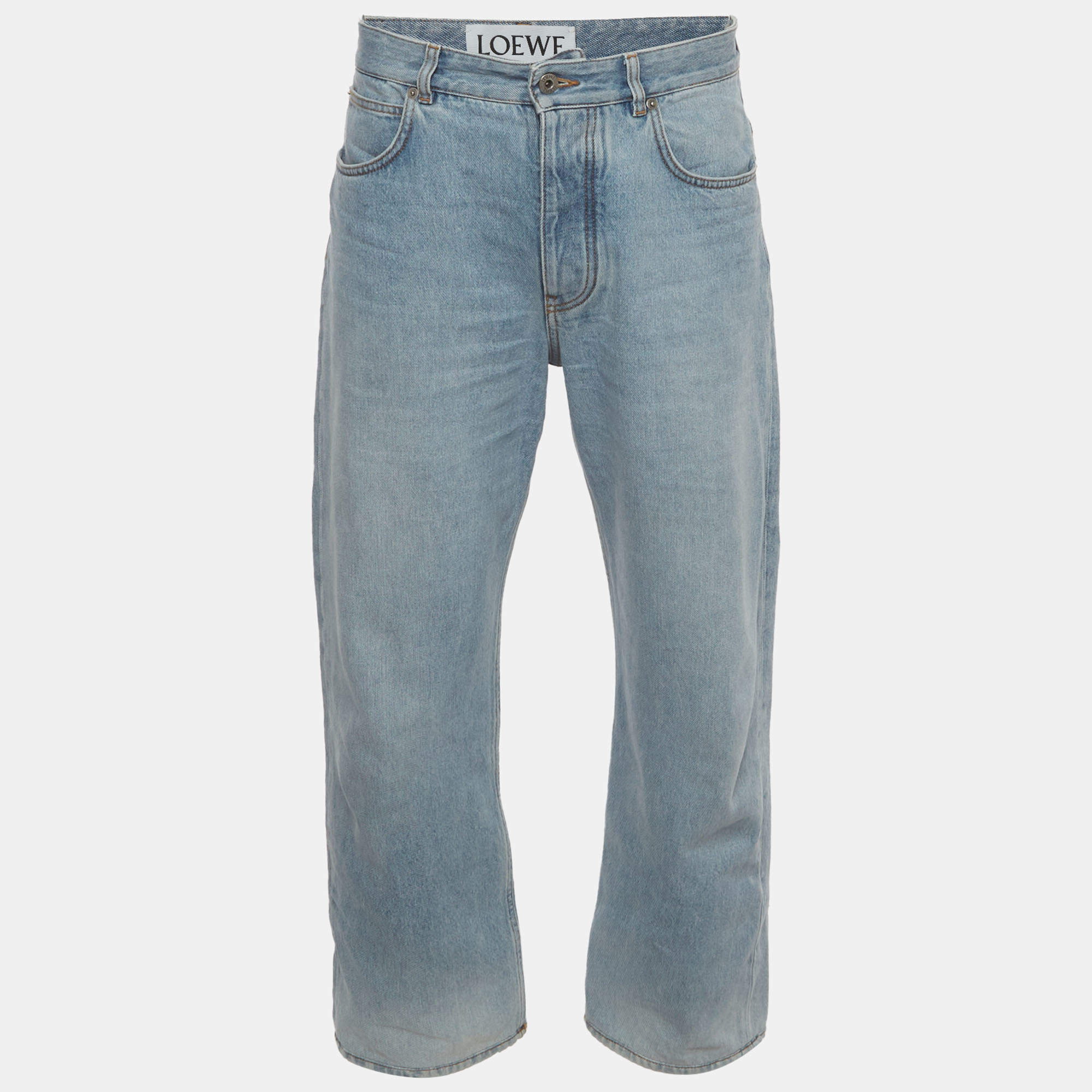 Pre Owned Loewe Blue Denim Straight Fit Buckle Strap Jeans M/Waist 32"