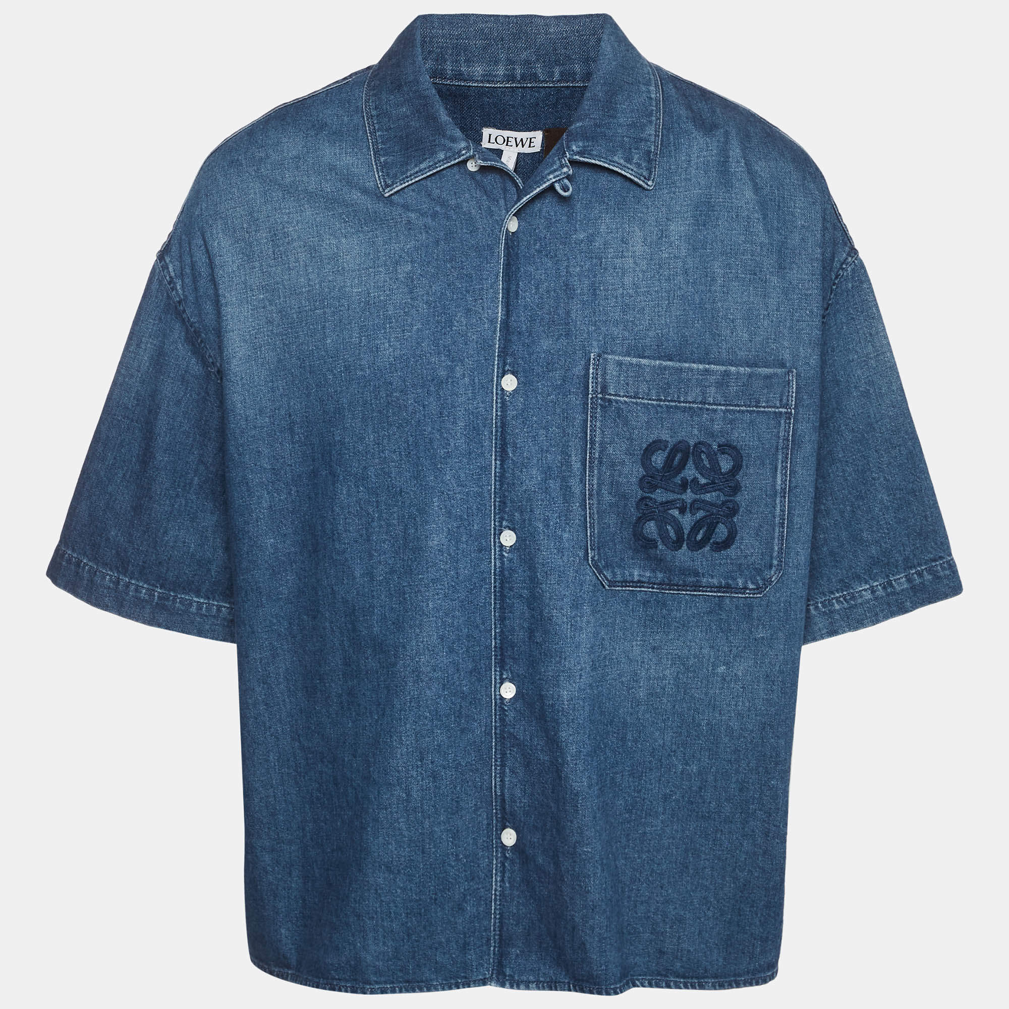 مملوكة مسبقًا Loewe Blue Anagram Embroidered Denim Bowling Shirt L