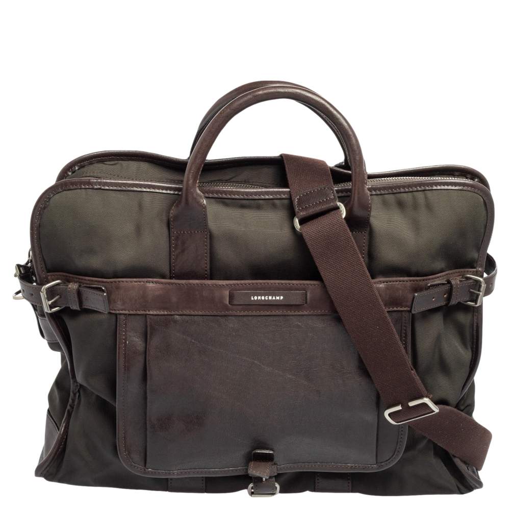 Longchamp Dark Brown/Green Nylon And Leather Weekender Bag