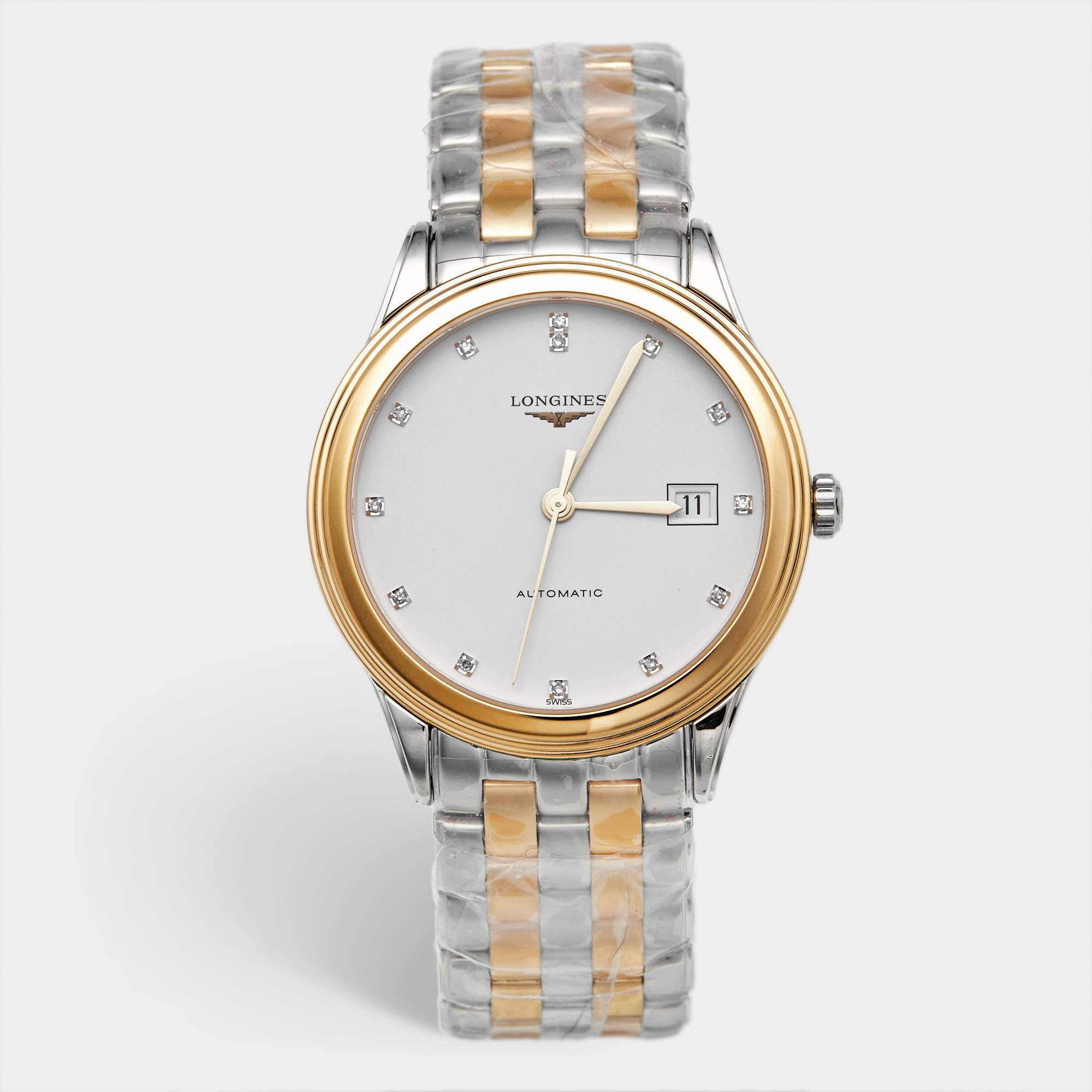 Pre Owned Longines Flagship L4.974.3.27.7 White Dial Diamonds Two Tone Stainless Steel Men's Wristwatch 38 mm