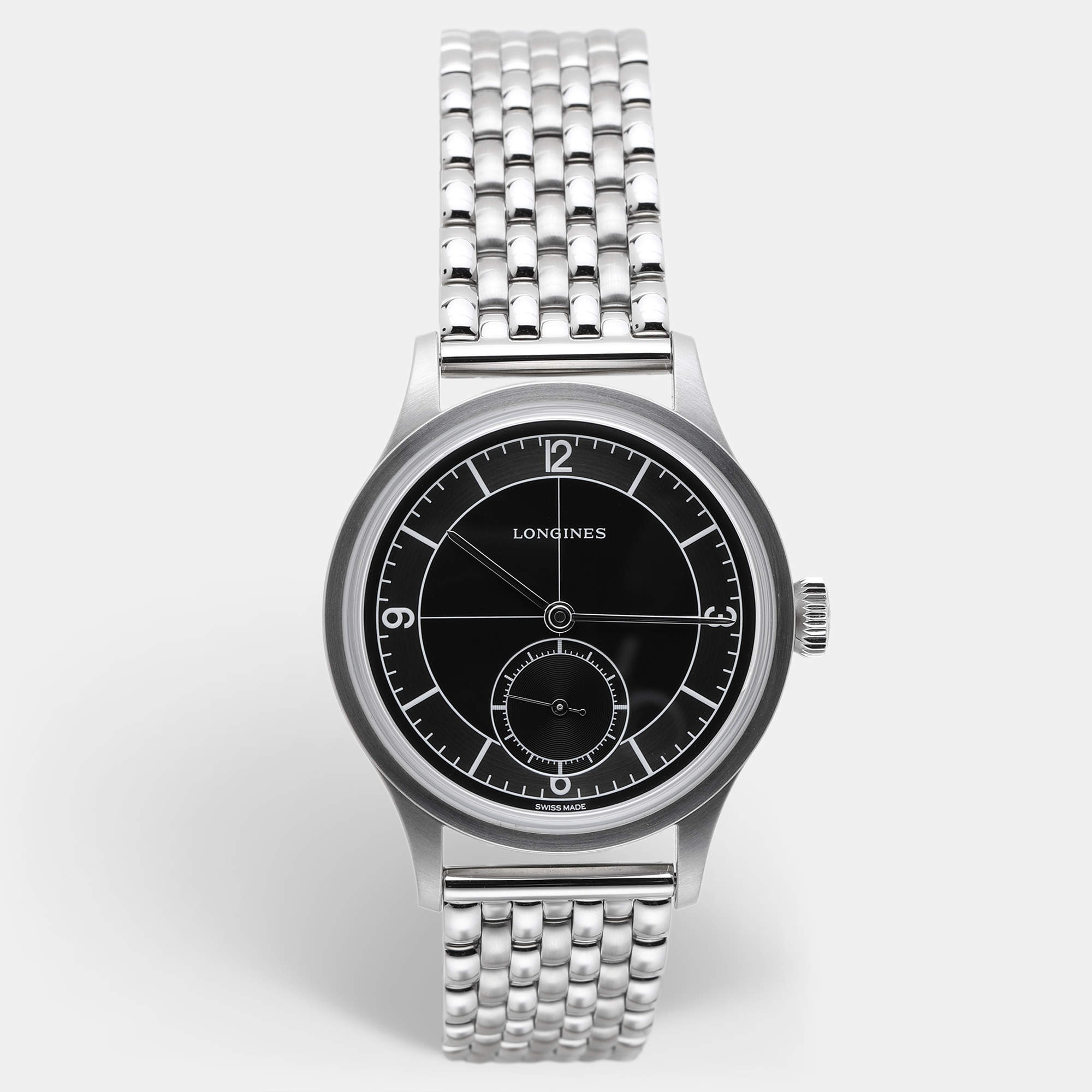 Longines Black Silver Stainless Steel Heritage L2.828.4.53.6 Men's Wristwatch 38 mm