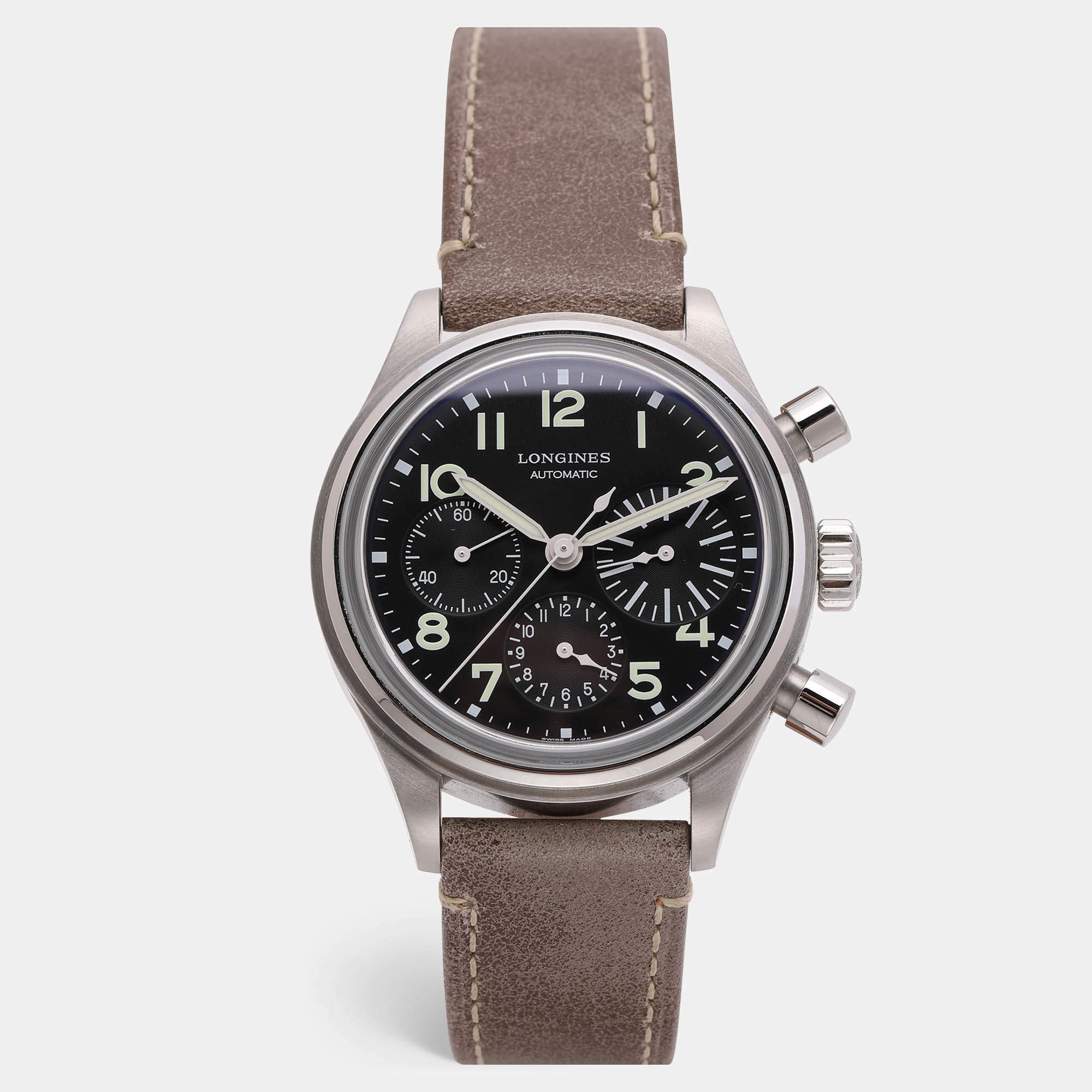 Pre Owned Longines Black Stainless Steel Avigation BigEye L2.816.4 Automatic Leather Wristlet Men's Wristwatch 40.5 mm