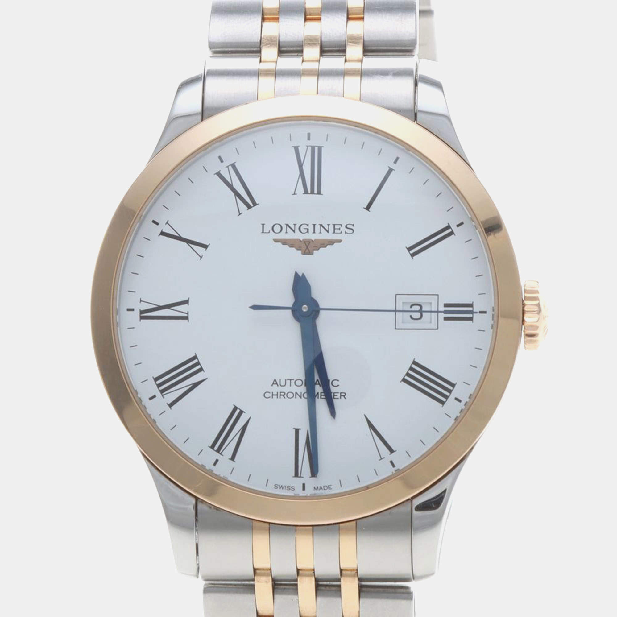 Pre Owned ساعة يد رجالية لونجين ريكورد L2.821.5.11.7 أوتوماتيك ستانلس ستيل وذهب بيضاء 40 مم