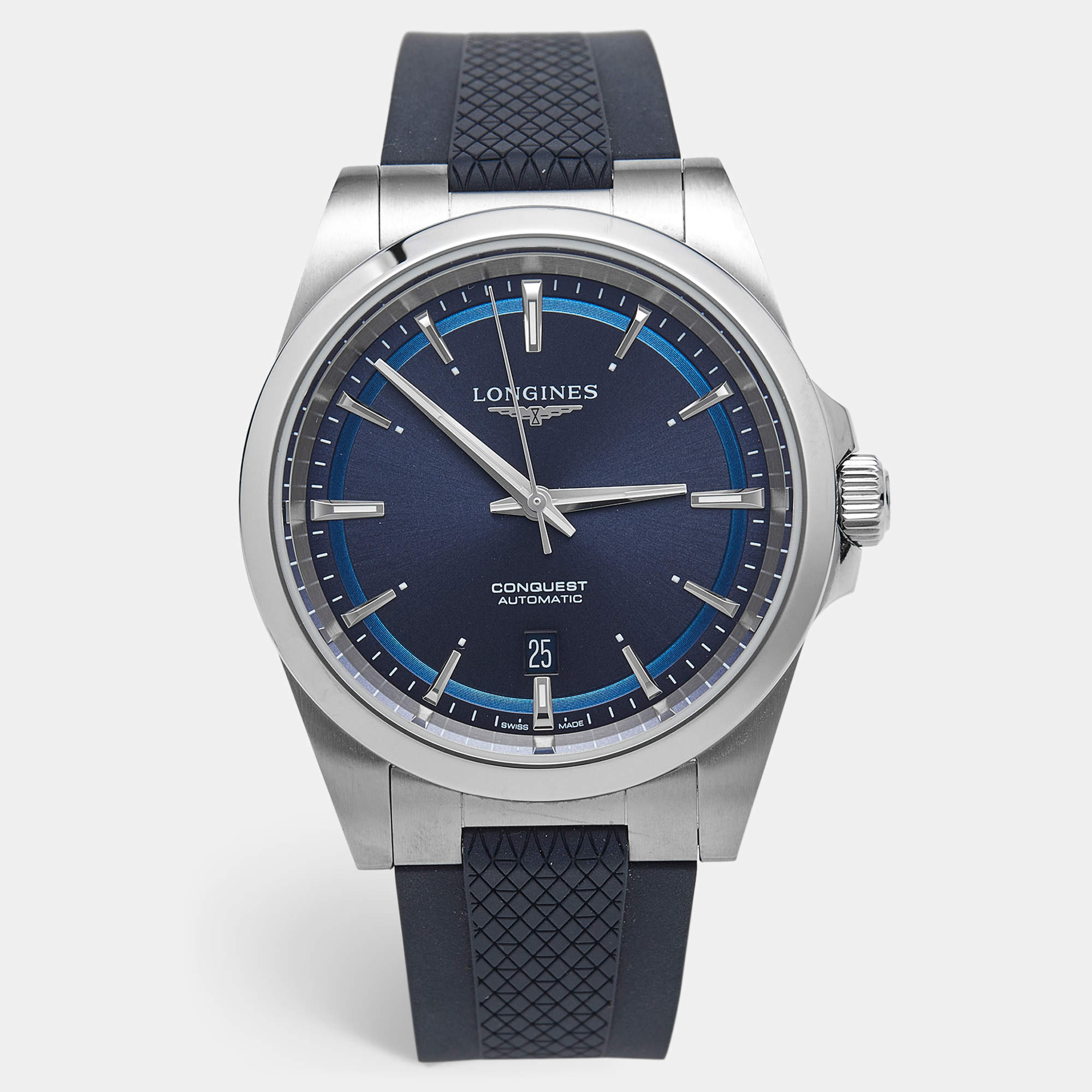 Pre Owned Longines Conquest L3.830.4.92.9 Blue Dial Stainless Steel Rubber Men's Wristwatch 38 mm