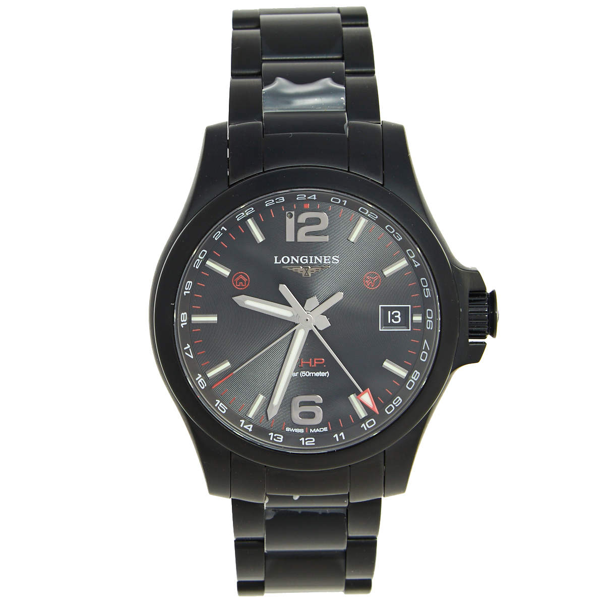 ساعة يد رجالية لونجين كونكوست V.H.P. GMT L3.718.2.56.6  ستانلس ستيل مطلي پي ڨي دي سوداء  41 مم