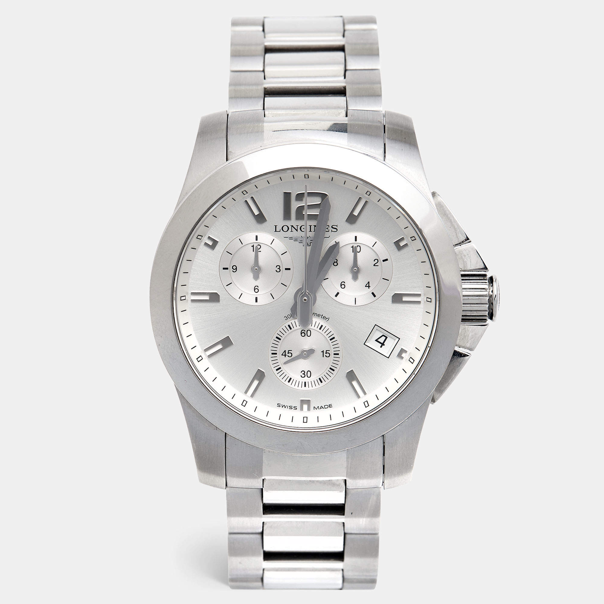 Longines Silver Stainless Steel Conquest L3.660.4.76.6 Men's Wristwatch 41 mm 