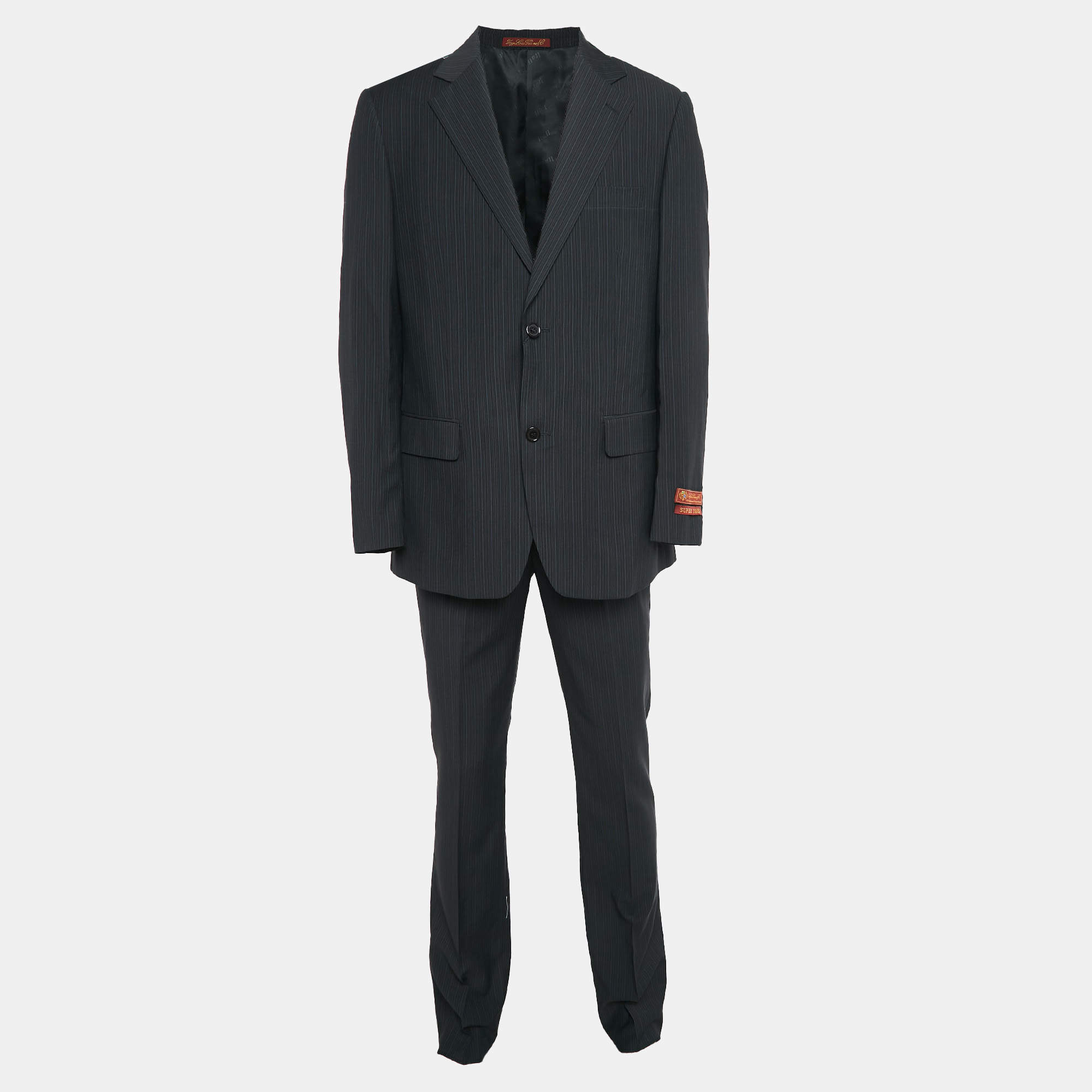 Pre Owned Loro Piana Black Pinstripe Wool Super 180's Suit L