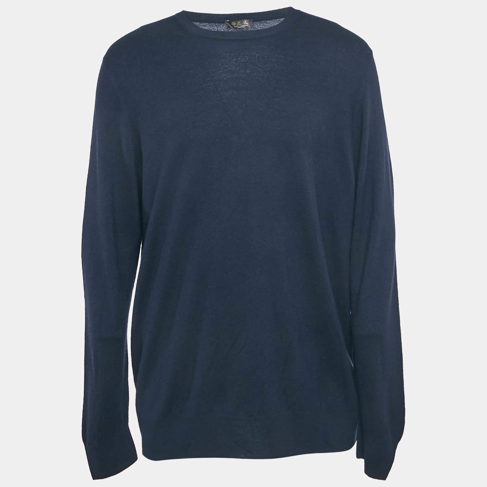 Pre Owned Loro Piana Navy Blue Cashmere Knit Crew Neck Sweater 4XL