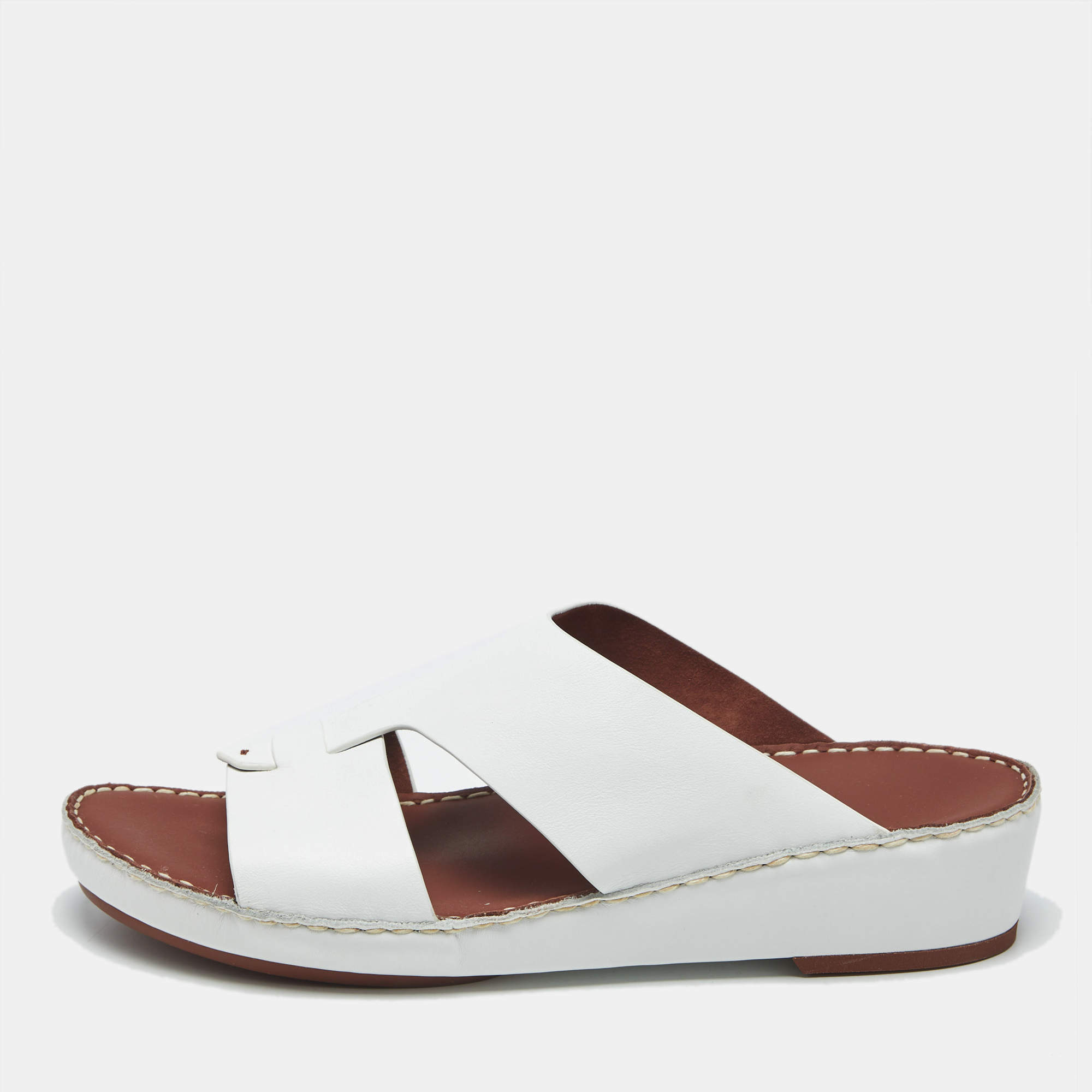 Pre Owned Loro Piana White Leather Buckle Slide Sandals Size 43