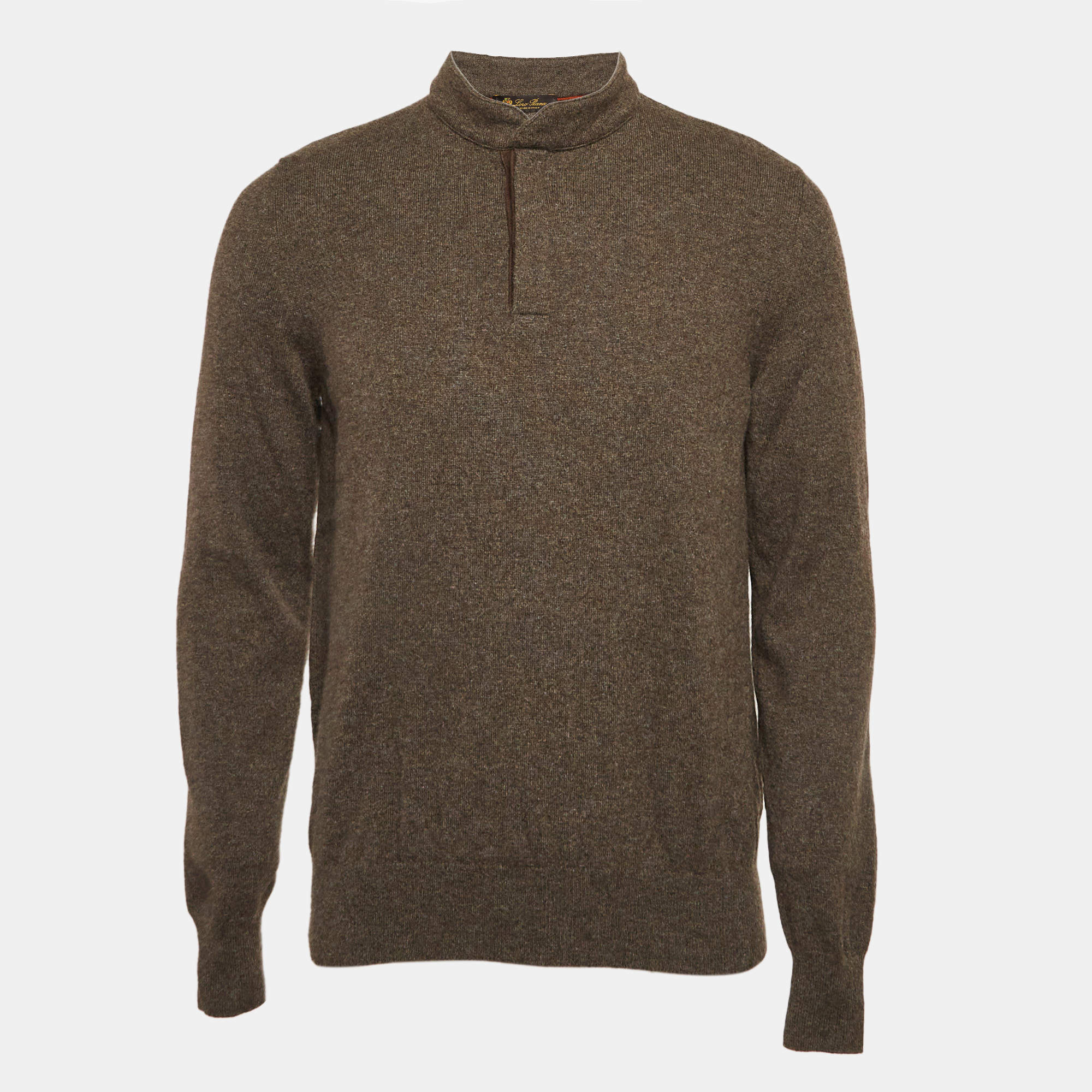 Pre Owned Loro Piana Grey Suede Trim Cashmere Collared Sweatshirt M