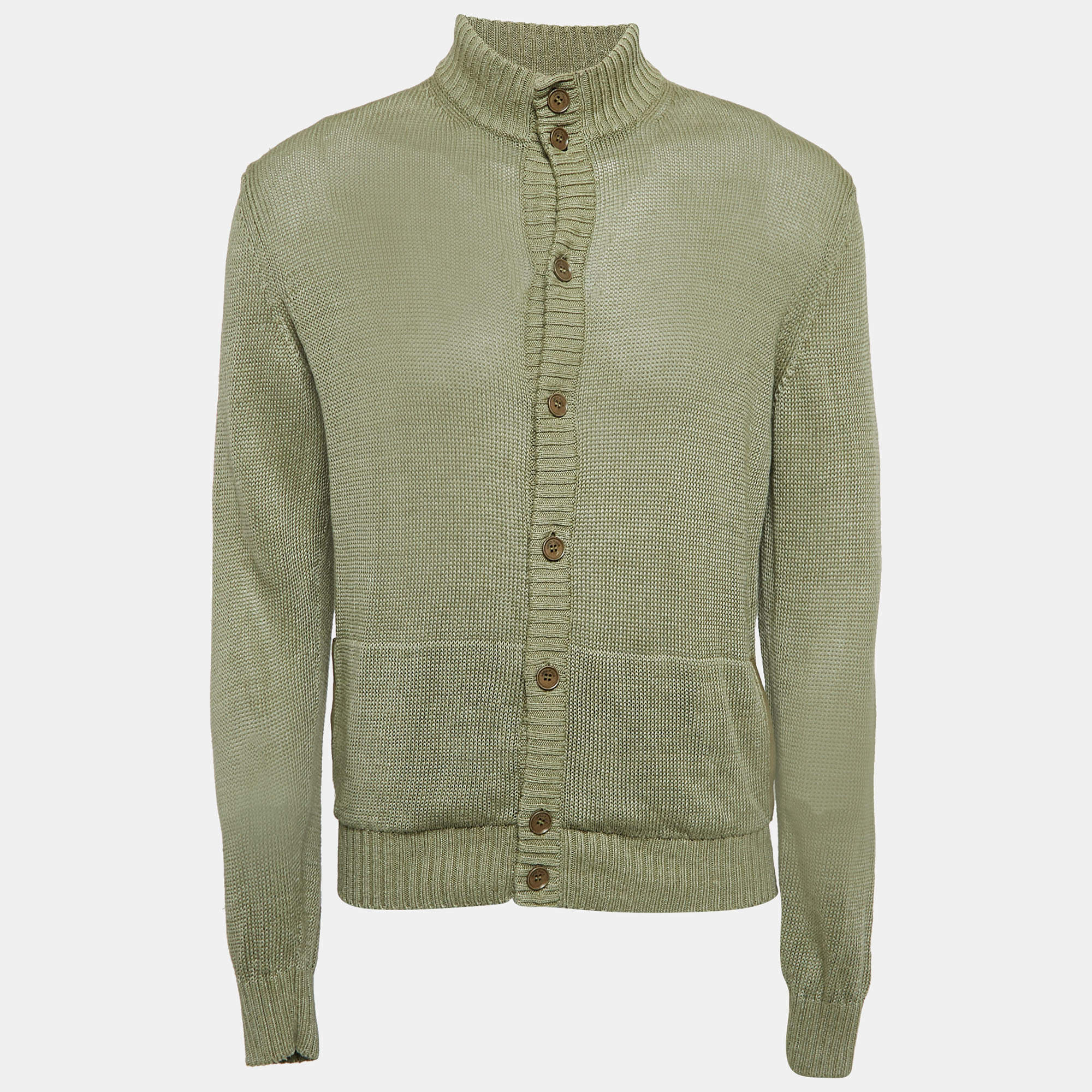 Loro Piana Light Green Linen Knit Button Front Cardigan L