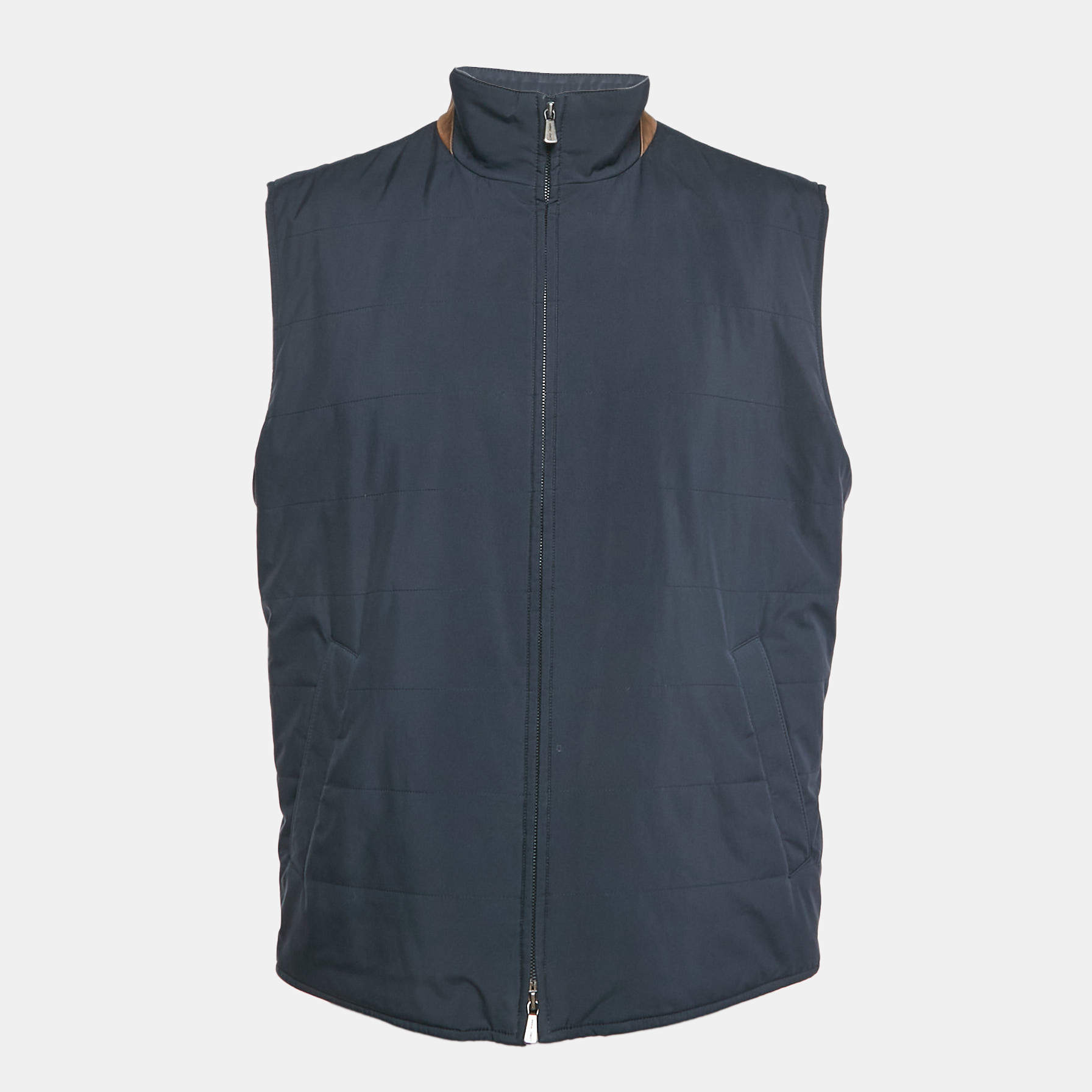 Pre Owned Loro Piana Navy Blue Synthetic High Neck Zip-Up Vest XL