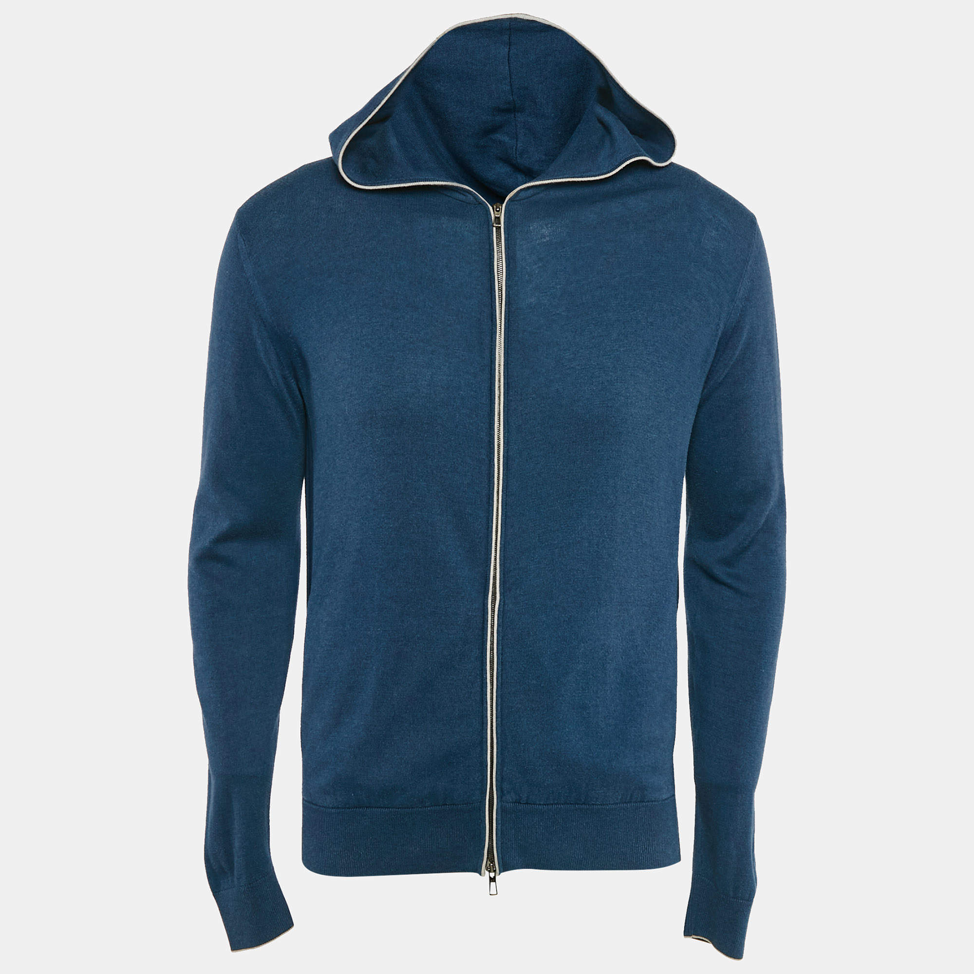 Loro Piana Blue Cashmere and Cotton Knit Hooded Leasure Bomber Jacket M