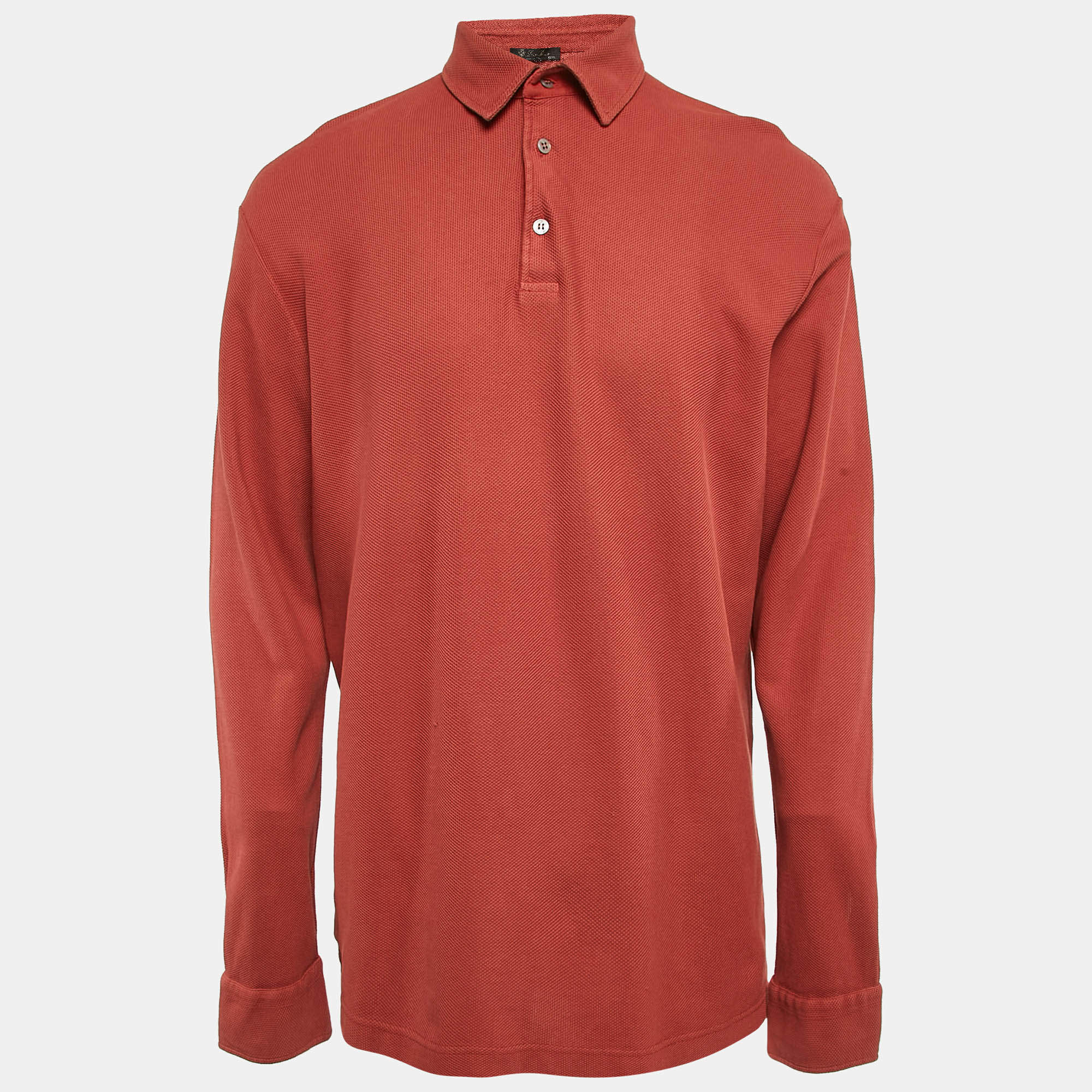 Loro Piana Rust Orange Cotton Pique Full Sleeve Polo T-Shirt XXXL