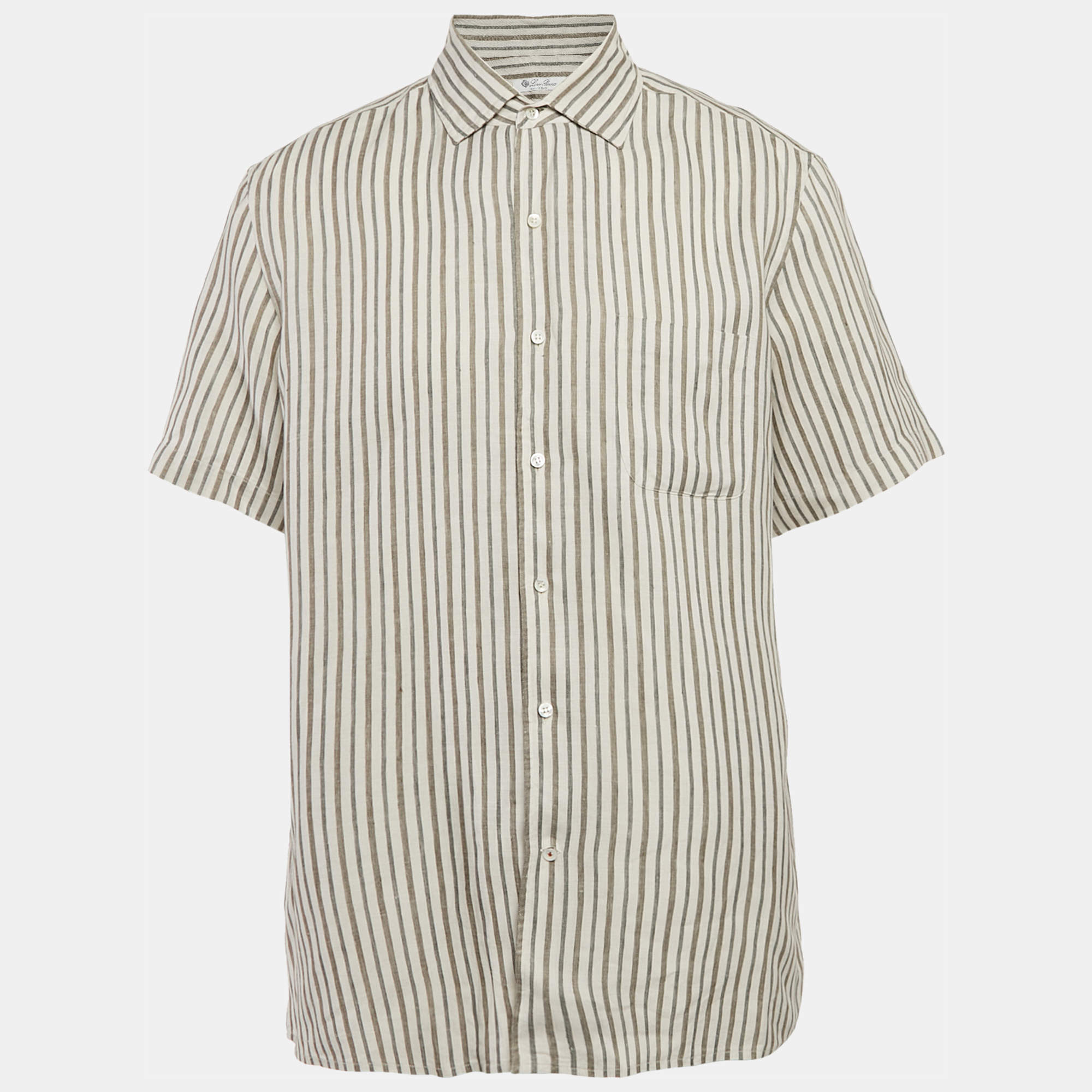 Pre Owned Loro Piana Grey Stripe Linen Short Sleeve Shirt XL