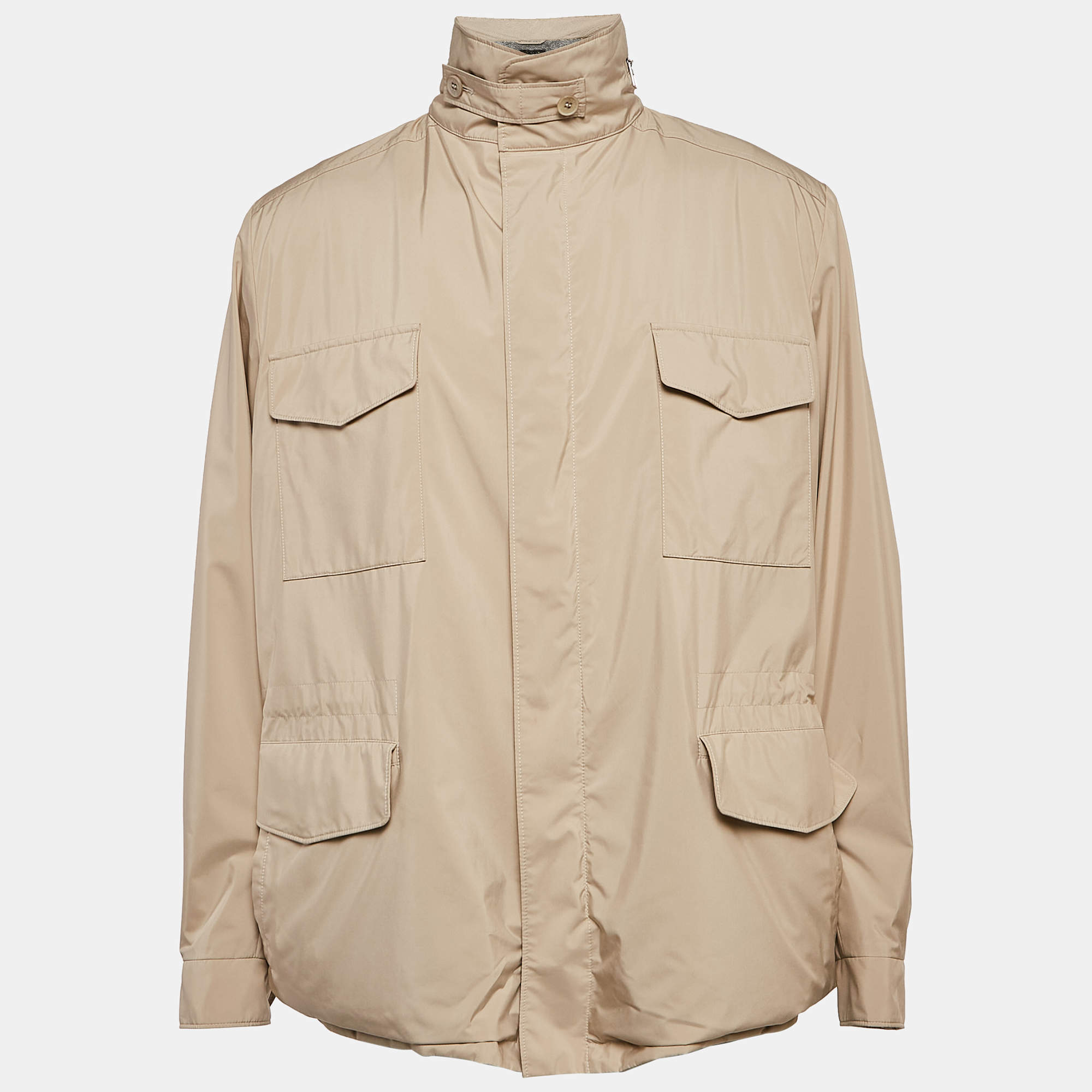 Pre Owned Loro Piana Beige Polyester Zip-Up Traveller Windmate Hooded Jacket XL