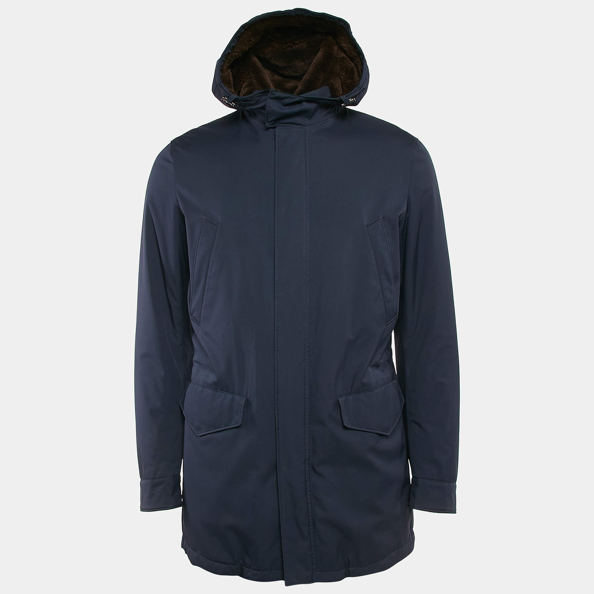 Pre Owned Loro Piana Navy Blue Nylon Fur Lined Storm System Hooded Jacket S