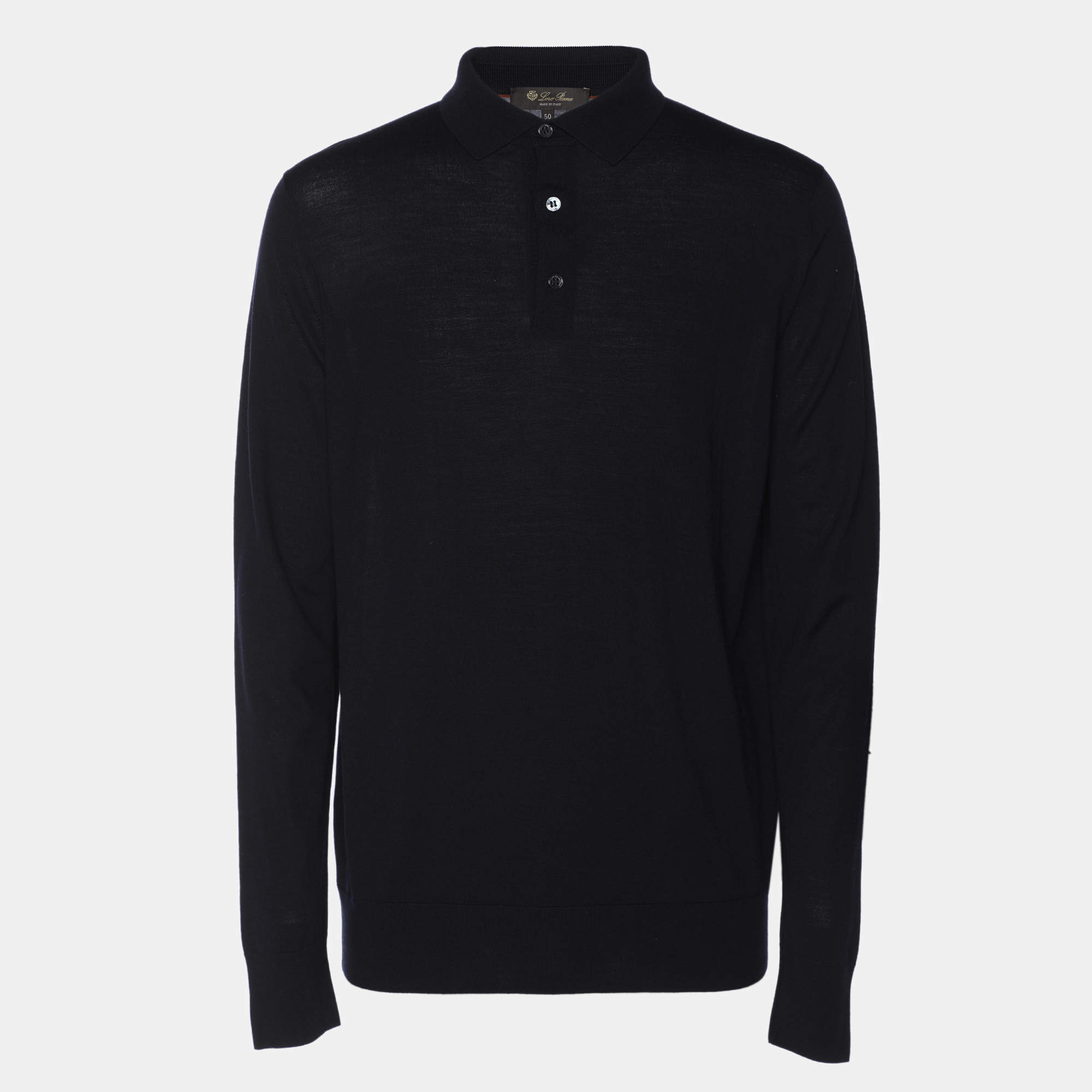 Pre Owned Loro Piana Navy Blue Wool Long Sleeve Polo T-Shirt L