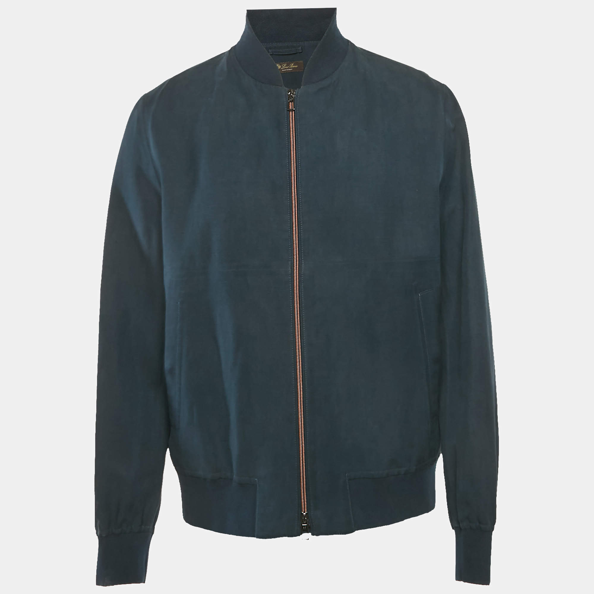 Loro Piana Blue Linen Blend Zip-Up Bomber Jacket L