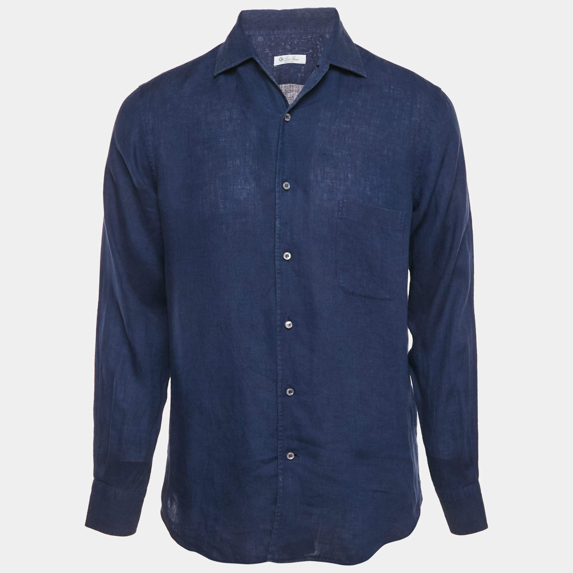 Pre Owned Loro Piana Navy Blue Linen Button Front Long Sleeve Shirt M